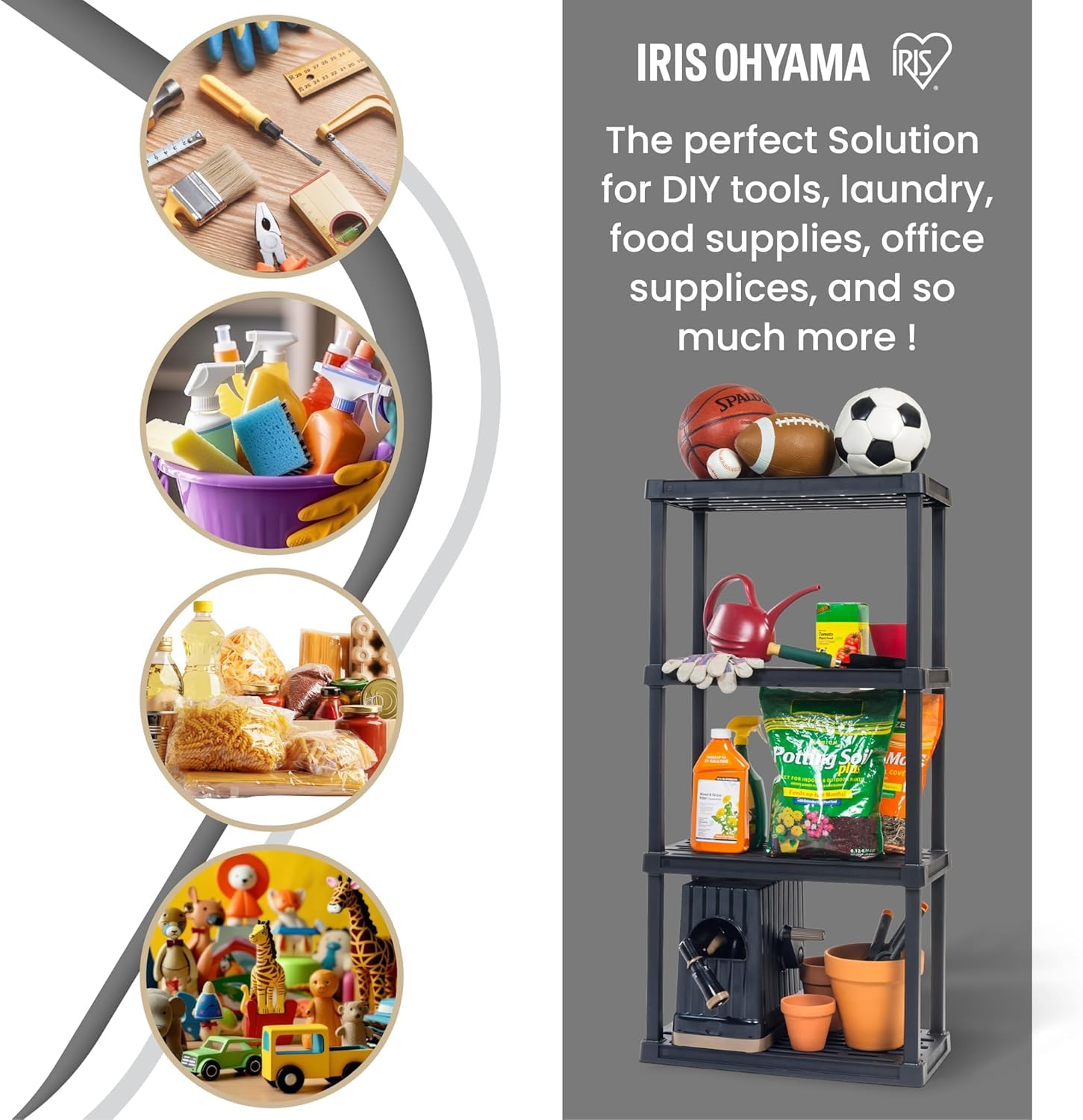 Iris Ohyama, Lot de 2 Etagere de Rangement Plastique Résistante, Capacité de 100 kg, Facile à Assembler, 4 étages, sans BPA, Etagere Garage, Cuisine, Rangement pour Espace de Travail, PRS-M4, Noir