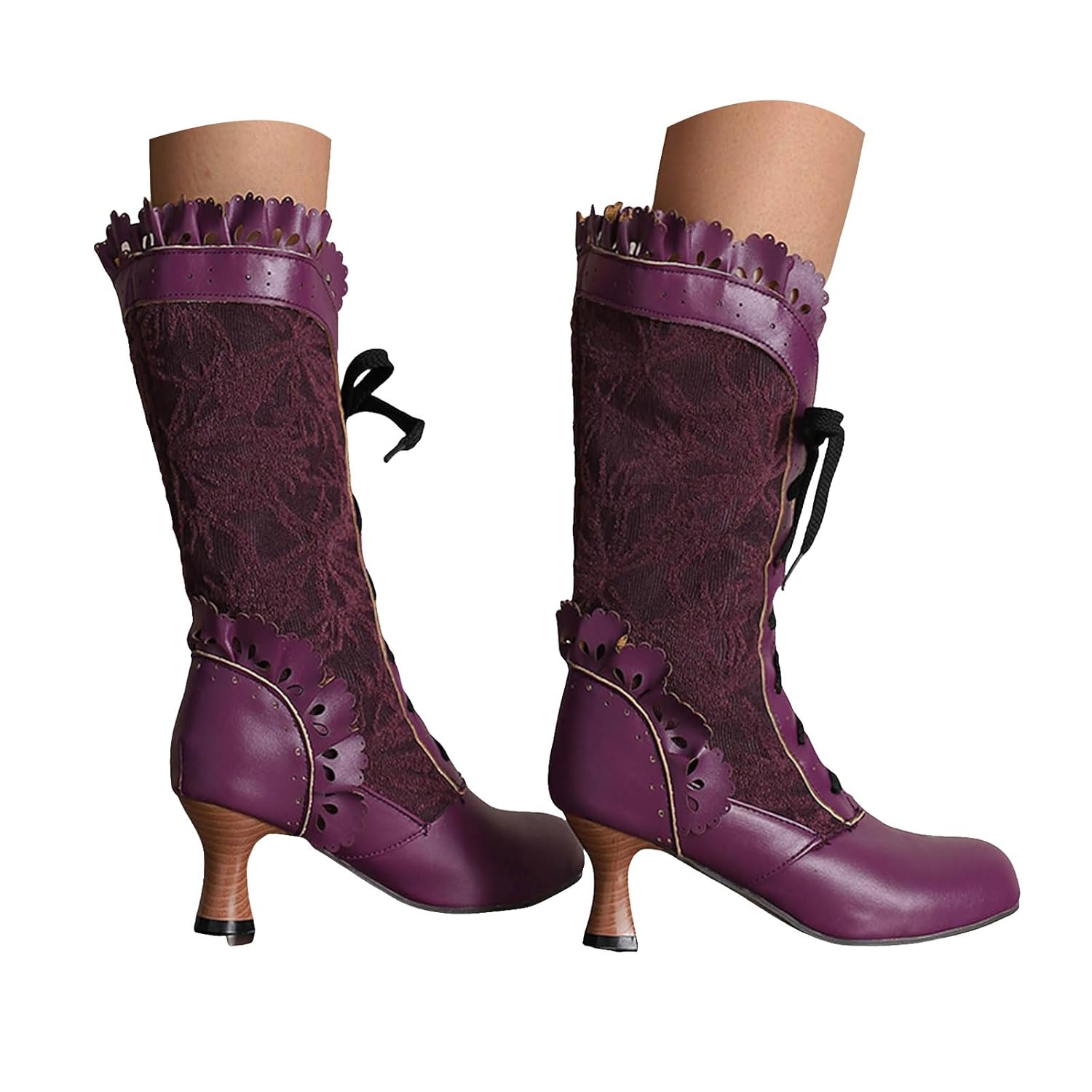 ZSpzx Women Victorian Mid Calf Boots Lace Bow Kitten High Heels Leather Lace up Vintage Round Toe Solid