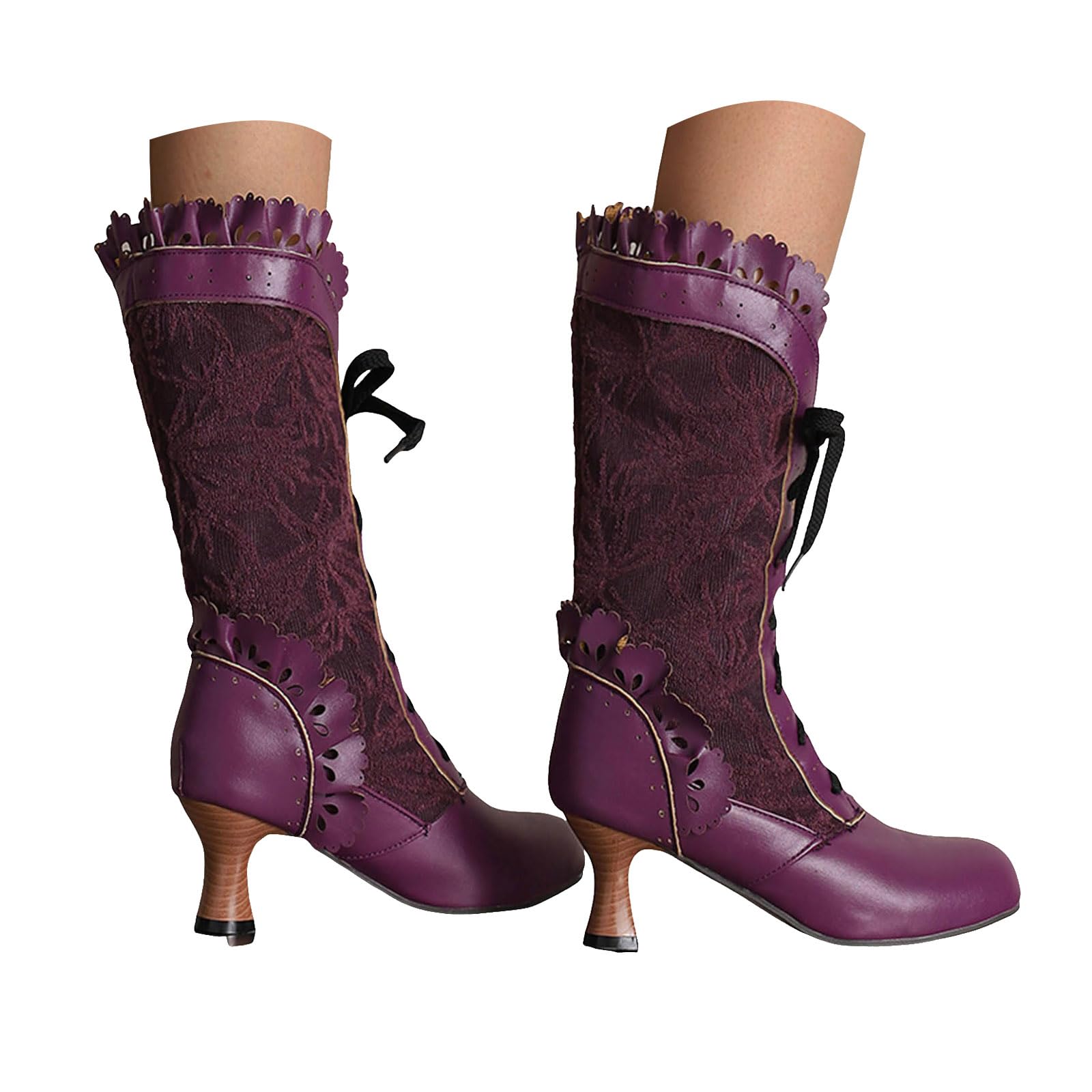 ZSpzx Women Victorian Mid Calf Boots Lace Bow Kitten High Heels Leather Lace up Vintage Round Toe Solid