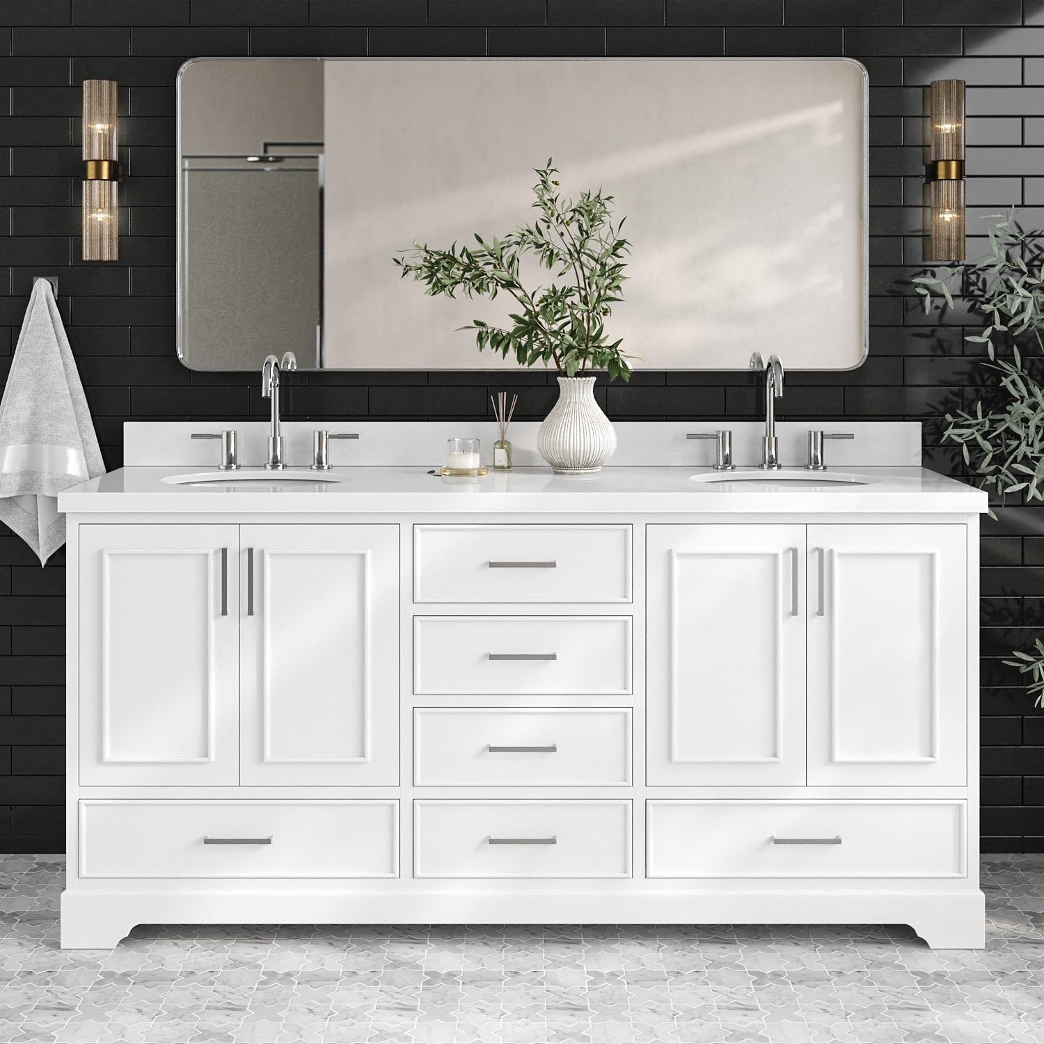 ARIEL Stafford 72-inch Bathroom Vanity with Sink,Solid Wood, 1.5-inch Pure White Quartz Countertop & Backsplash, Double Oval Porcelain Sink, 4 Soft Closing Doors, 6 Dovetail Drawers, White