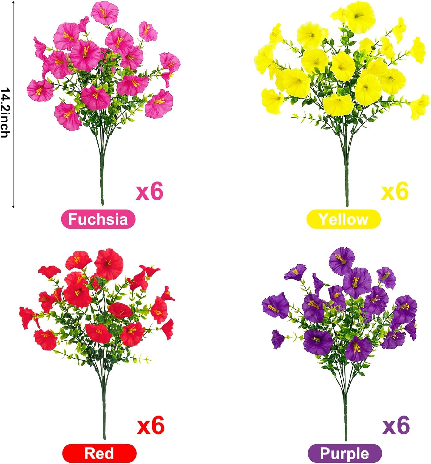 Ouddy Decor 24 Bundles Artificial Flowers for Outdoors Decoration Fake Silk Morning Glory Flowers Faux Eucalyptus Plants UV Resistant for Porch Patio Garden Spring Summer Home Decor, Multicolor