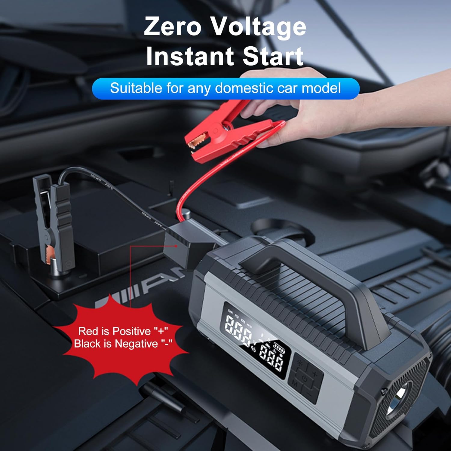 Portable Car Jump Starter with Air Compressor 150PSI Portable Air Pump for Car Tires with 10000mAh Battery Tire Inflator with Large Digital Screen LED for Car Bike Motorcycle Ball