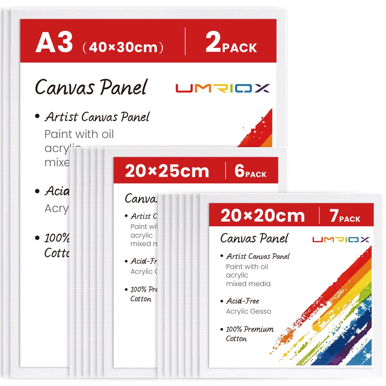Umriox Canvas for Painting, Set of 15 Canvas Panels - 20x20cm, 20x25cm,A3(30x40cm) Cotton Acid-Free Blank Painting Canvases for Acrylic Paint, Oil Paint & Wet Water Art Media