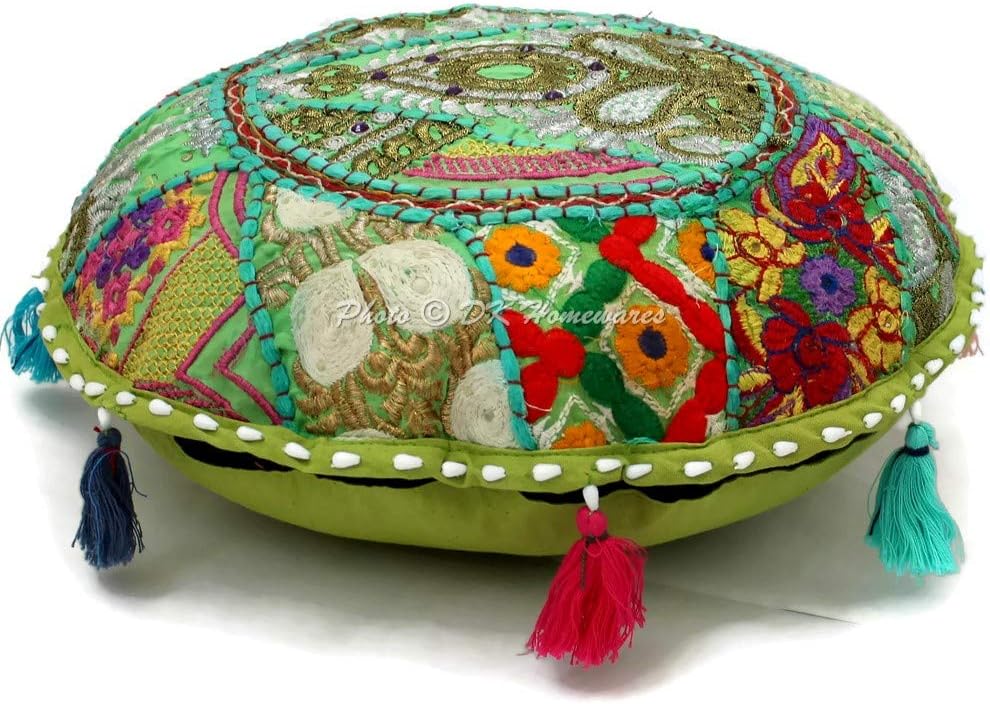 Round Ethnic Floor Pillow for Kids Bohemian Parrot Green 18 Inch Patchwork Seating Ottoman Stool Home Decor Embroidered Vintage Cotton Indian Floor Cushions for Adults 18x18