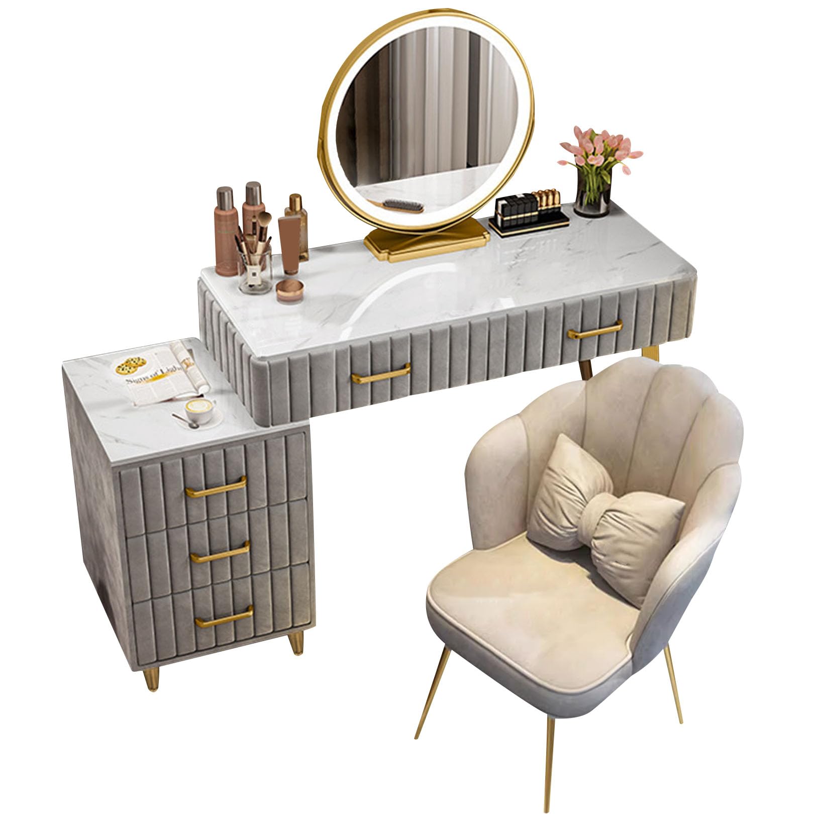 CGCSYZ Vanity Table with 3-Color Touchscreen Mirror, Adjustable Drawer Storage & Padded Stool, Stylish Grey Makeup Desk (Grau 100cm/39.4in)