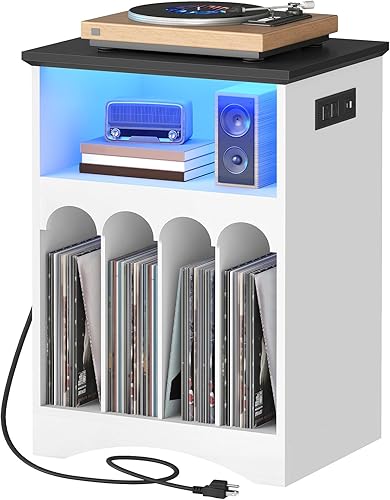 HOOBRO Soporte para discos de granja con estación de carga y luces LED, gabinete de almacenamiento de vinilo compacto con capacidad para hasta 230