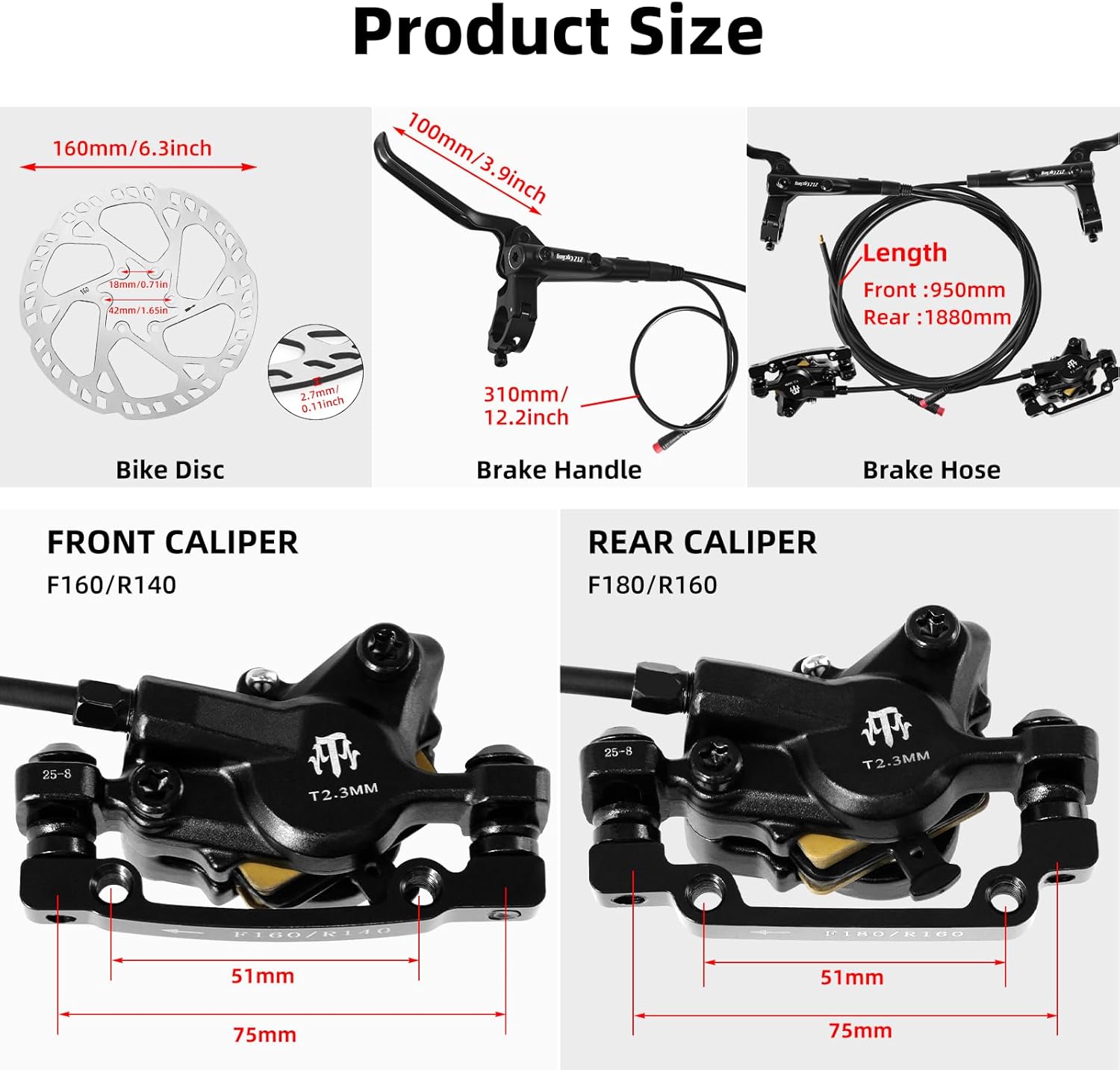 ZTZ eBike Hydraulic Brake Set with 160mm Rotors,2-Piston 2-PIN Power-Off Hydraulic Disc Brake for E-Bike,Left Front 950mm Right Rear 1880mm Electric Bike Hydraulic Brakes