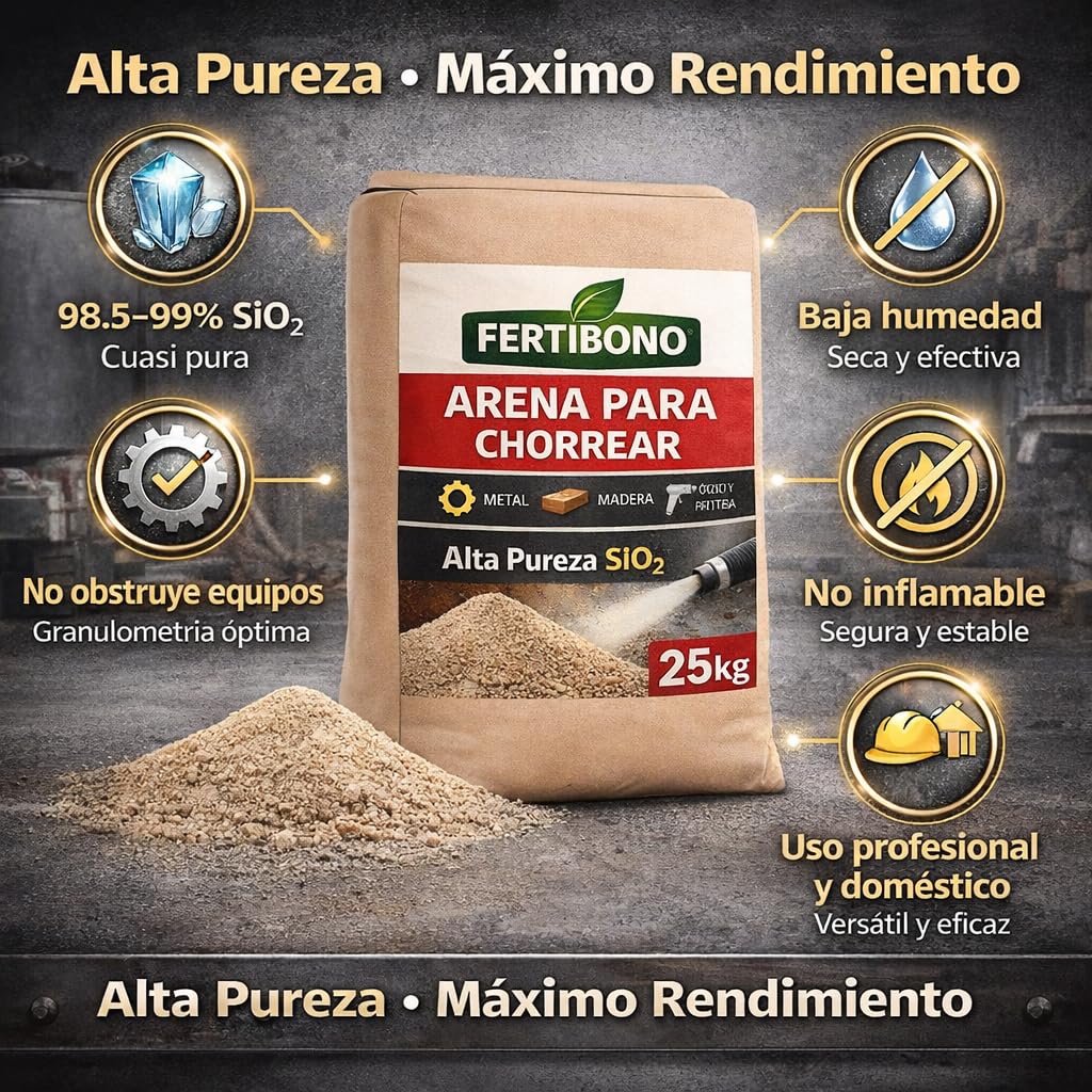 Arena para Chorrear Fertibono 25kg Fertibono – Elimina óxido y pintura, granulometría ideal, alta pureza SiO2, sin humedad