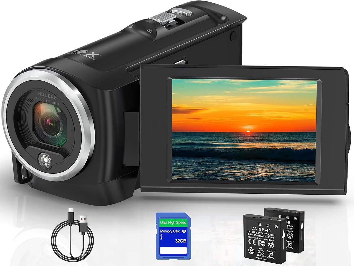 Videocámara con cámara de vídeo, cámara de vlogging con zoom digital QHD 2.7K 56MP 16X | Videocámara con pantalla giratoria de 2,8" y 270°, videocámara con luz de relleno LED incorporada para YouTube con tarjeta de 32 GB y dos baterías