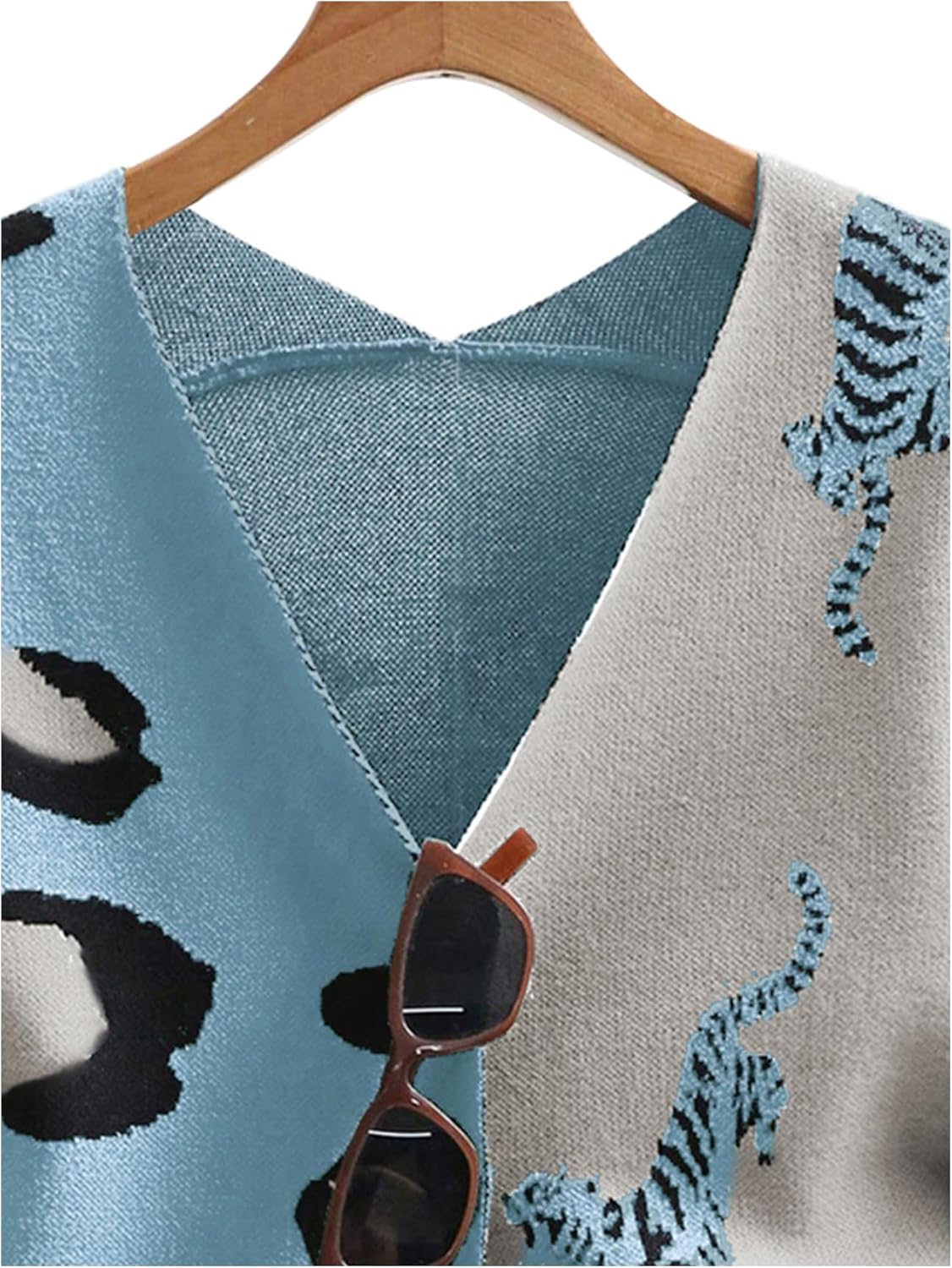 WDIRARA Women's Leopard Tiger Print Cardigan V Neck Long Sleeve Color Block Button Down Sweater Outwear - Image 5