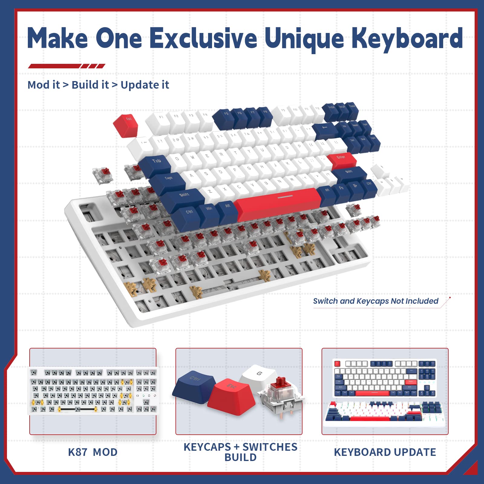 Attack Shark GK87 GMMK TKL Clavier Mécanique sans Fil RGB Barebone (Bluetooth/2.4Ghz/Type-C), Hot-Swappable Kit DIY Clavier Gamer ANSI avec Cable USB C Spiralé, pour Gateron/Cherry/Akko, Blanc