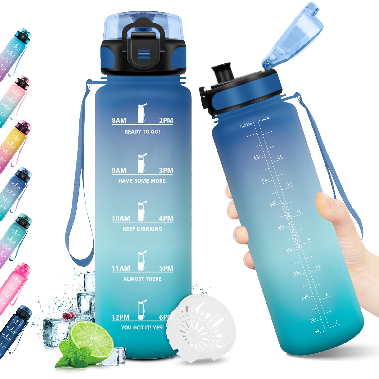 JAPORIA Borraccia 1Litro Plastica, a Prova di Perdite, Borraccia Sportiva con Indicatore del Tempo Motivazional, Borracce per Bici, Palestra, Scuola