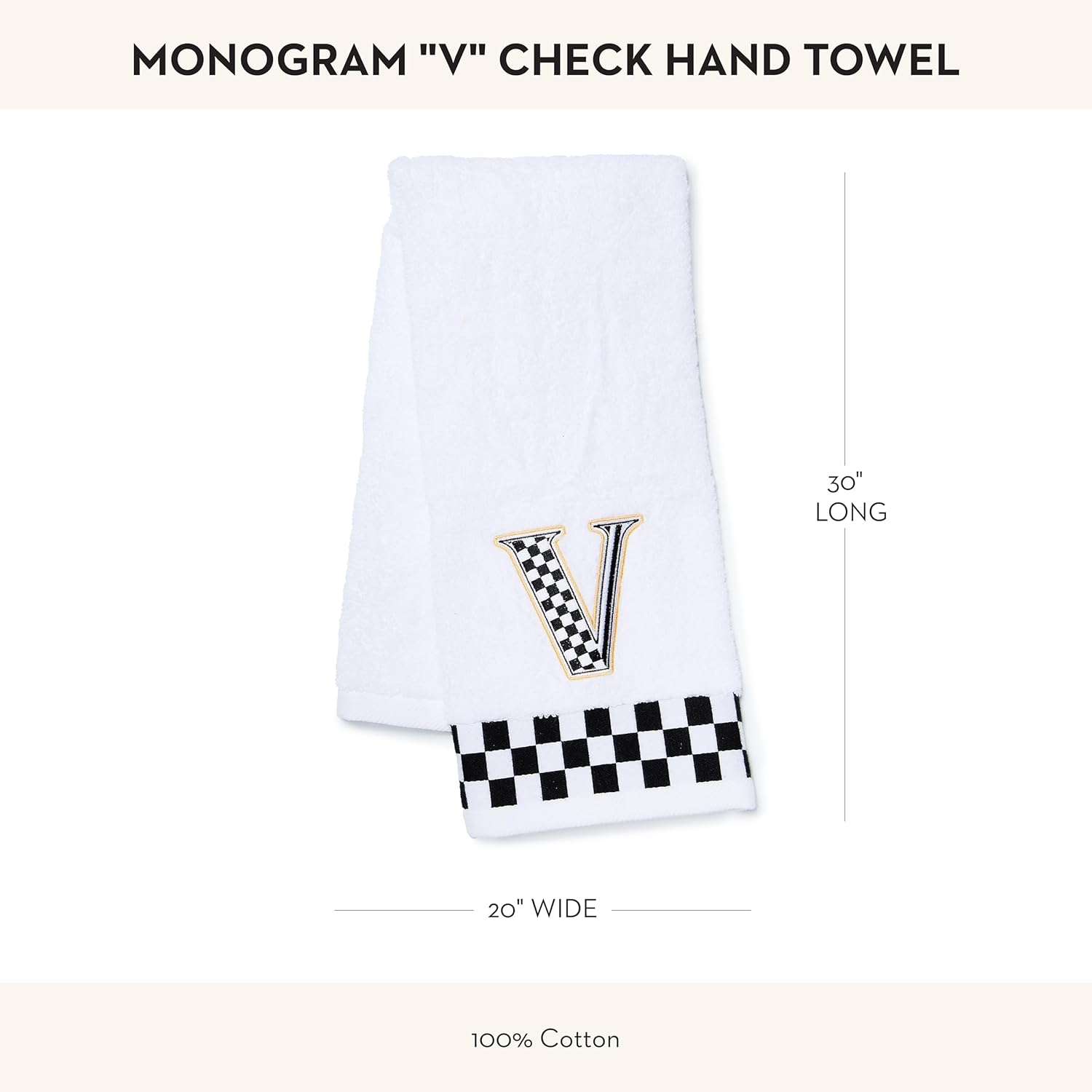 MACKENZIE-CHILDS Monogram Cotton Hand Towel, Cute Black-and-White Decorative Monogrammed Hand Towel for Bathroom or Kitchen, V