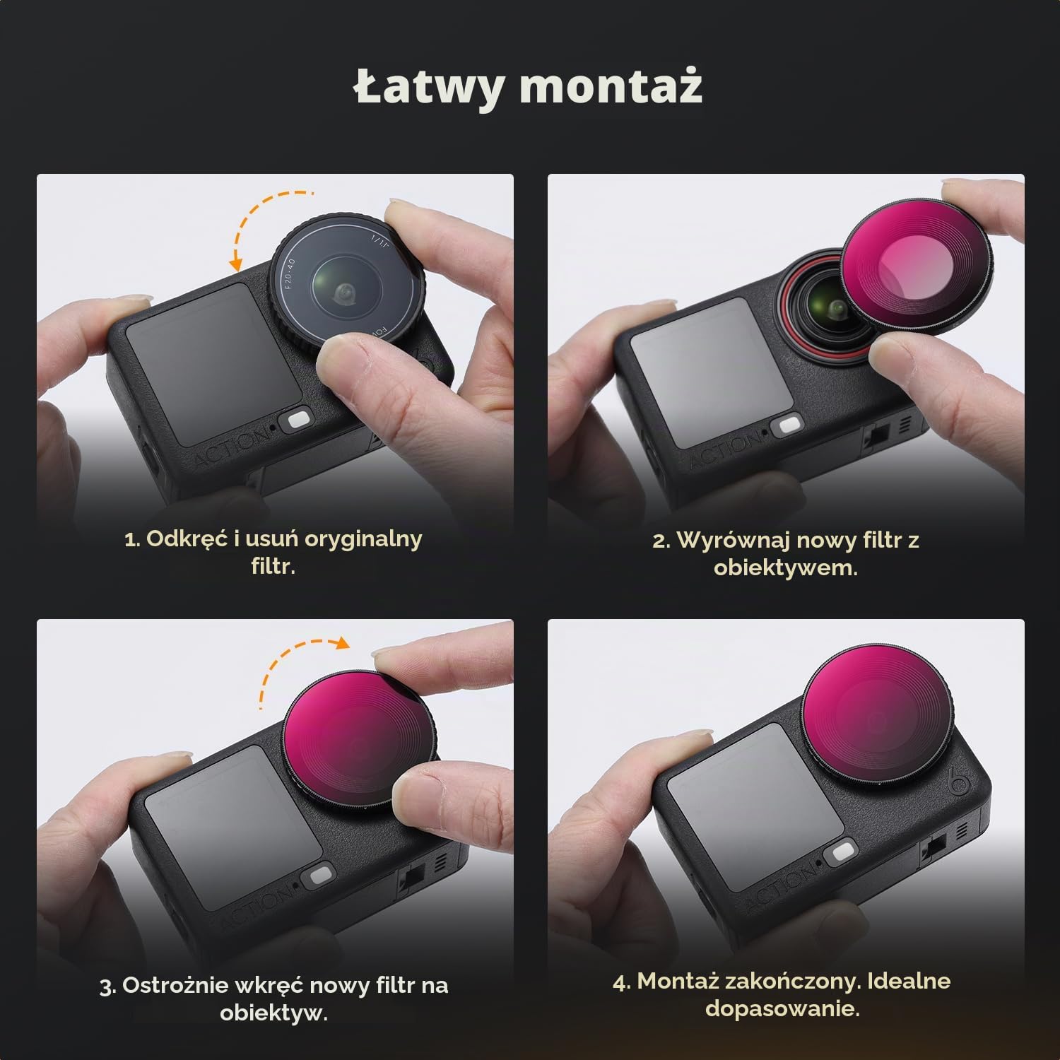 Zestaw filtrów K&F CONCEPT ND&PL kompatybilny z DJI Osmo Action 6, 4 sztuki Filtry redukujące światło do kontroli ekspozycji wykonane ze szkła optycznego z powłoką wielowarstwową