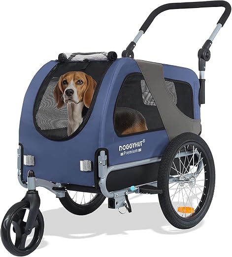 DOGGYHUT® Premium M Pet Bike Trailer & Stroller 2-in-1,for Dogs up to 50 lbs,Parking Brakes,Easy Folding Cart Frame, Universal Bicycle Coupler,E-Bike Friendly