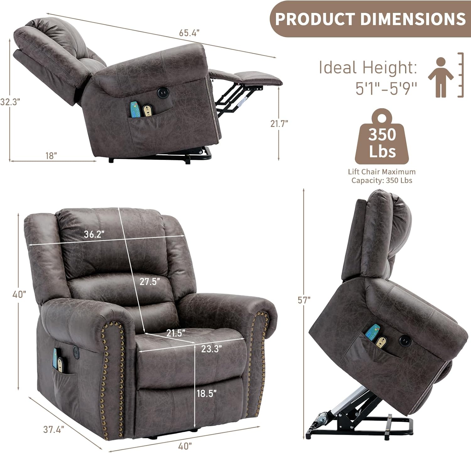 Electric Power Lift Recliner Chair with Massage and Heat for Elderly, Heavy Duty Motorized Lift Recliner with Remote Controls, Side Pockets and USB Ports for Living Room, Gray