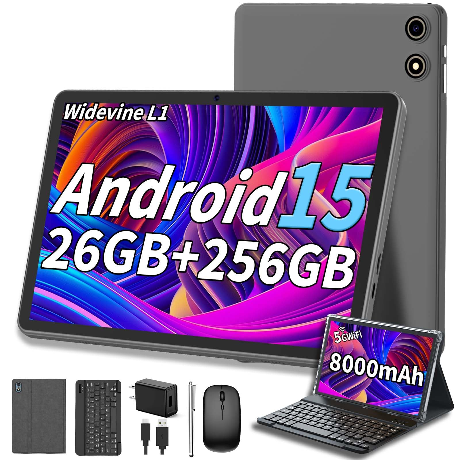 Android 15 Tablet with Keyboard, 26GB RAM+256GB ROM(2TB Expand), 10 inch tablet with 8000mAh Battery, 2.4G/5G WiFi, 5MP+13MP Dual Camera, Widevine L1, GMS Certified, Mouse, Case, Stylus(Silver Case)