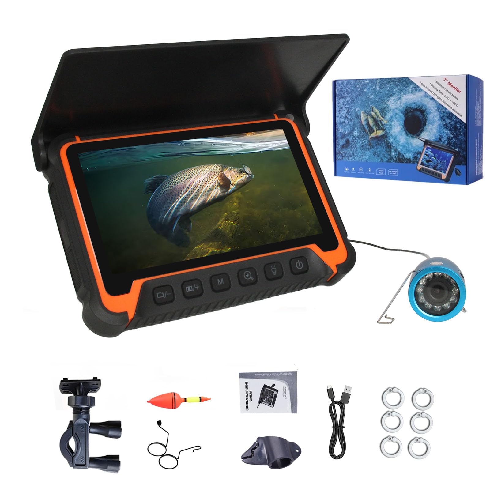Portable Fish Finder Camera, 7" IPS Monitor Underwater Fishing Camera, IP68 Waterproof Fishing Video Camera with 8 IR LEDs Infrared Lights, 30M Cable for Lake, Boat, Ice Fishing