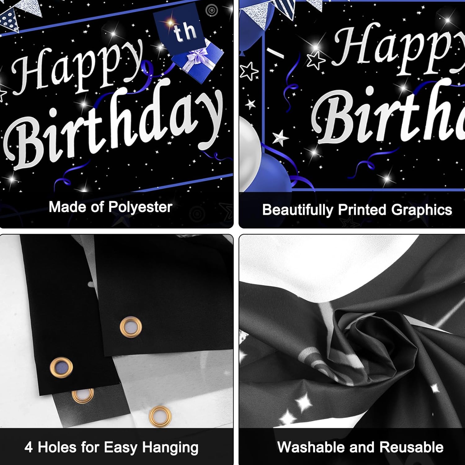 Black and Blue Birthday Decorations for Men Boys Women Girls, 52 PCS Blue and Silver Party Decorations with Happy Birthday Banner Backdrop Balloon Hanging Swirl Tablecloth Paper Pompoms - Image 6