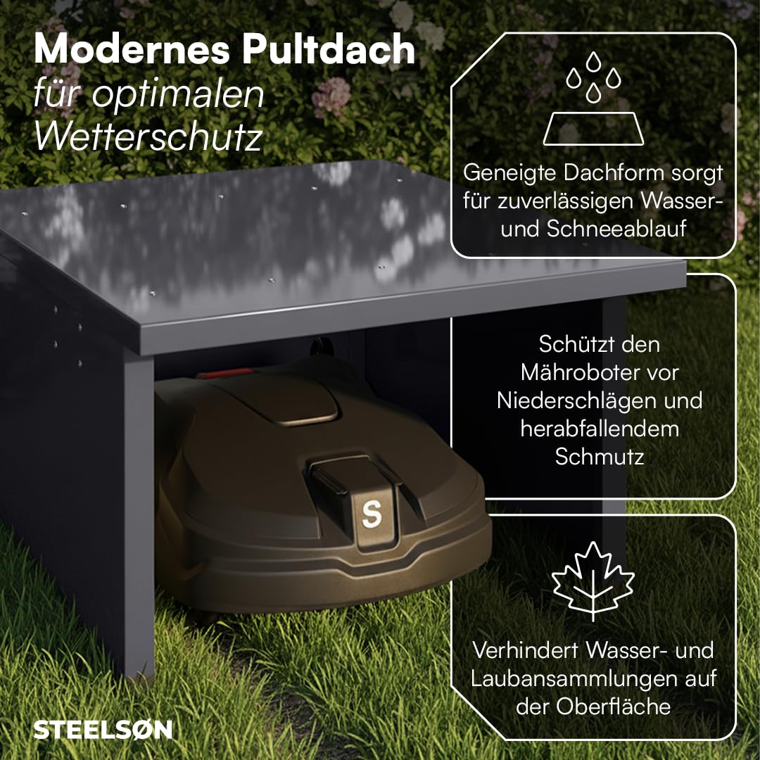 STEELSØN Drakon Mähroboter Garage Anthrazit – Rasenmähroboter Überdachung aus verzinktem Metall – Rasenroboter Haus mit Pultdach – Rasenmäher Garage UV-/wetterbeständig – für gängige Roboter Modelle