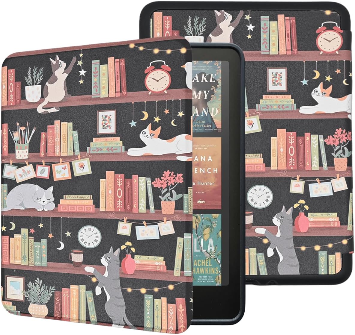 Case for Kindle Paperwhite 12th Gen 2024 (7") & Kindle Colorsoft Signature Edition, Book Lovers Lightweight Protective Cover with Auto Sleep Wake Hand Strap, Cat on Bookshelf