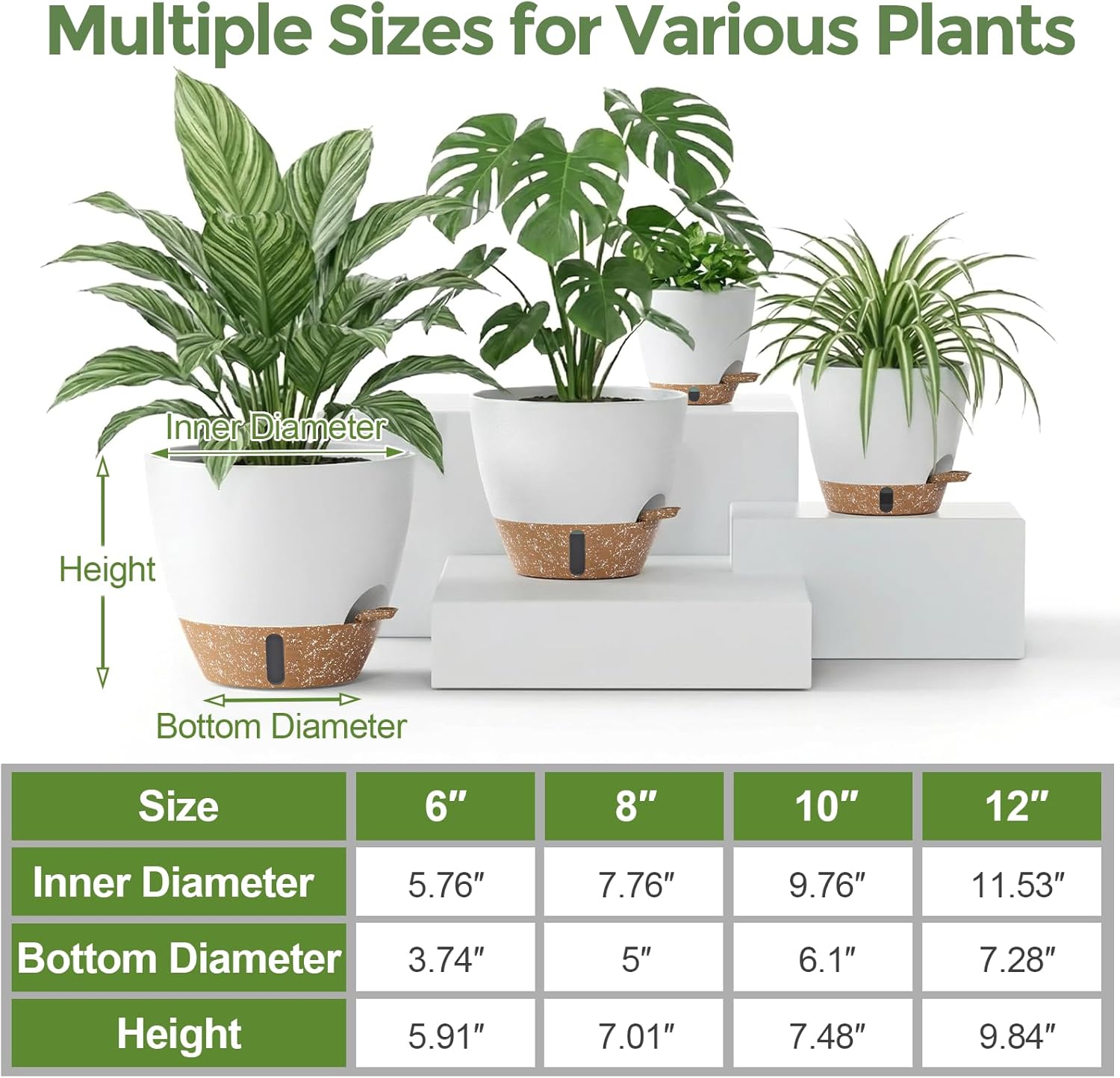 Plant Pots, 12" 10" 6" 8" Inch Self Watering Pots with Water Level Indicator, Set of 5 Flower Pots Indoor with Drainage Holes, Modern Planters for Indoor Outdoor Plants, Room & Office Décor