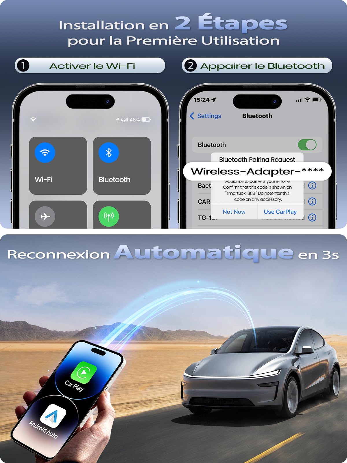 Mini Adaptateur sans Fil pour Apple CarPlay et Android Auto, Convertisseur CarPlay Filaire en sans Fil, Métal USB A/C, pour iPhone iOS 10+ et Android 10+, Longs Trajets, Trajets Quotidiens, Bleu