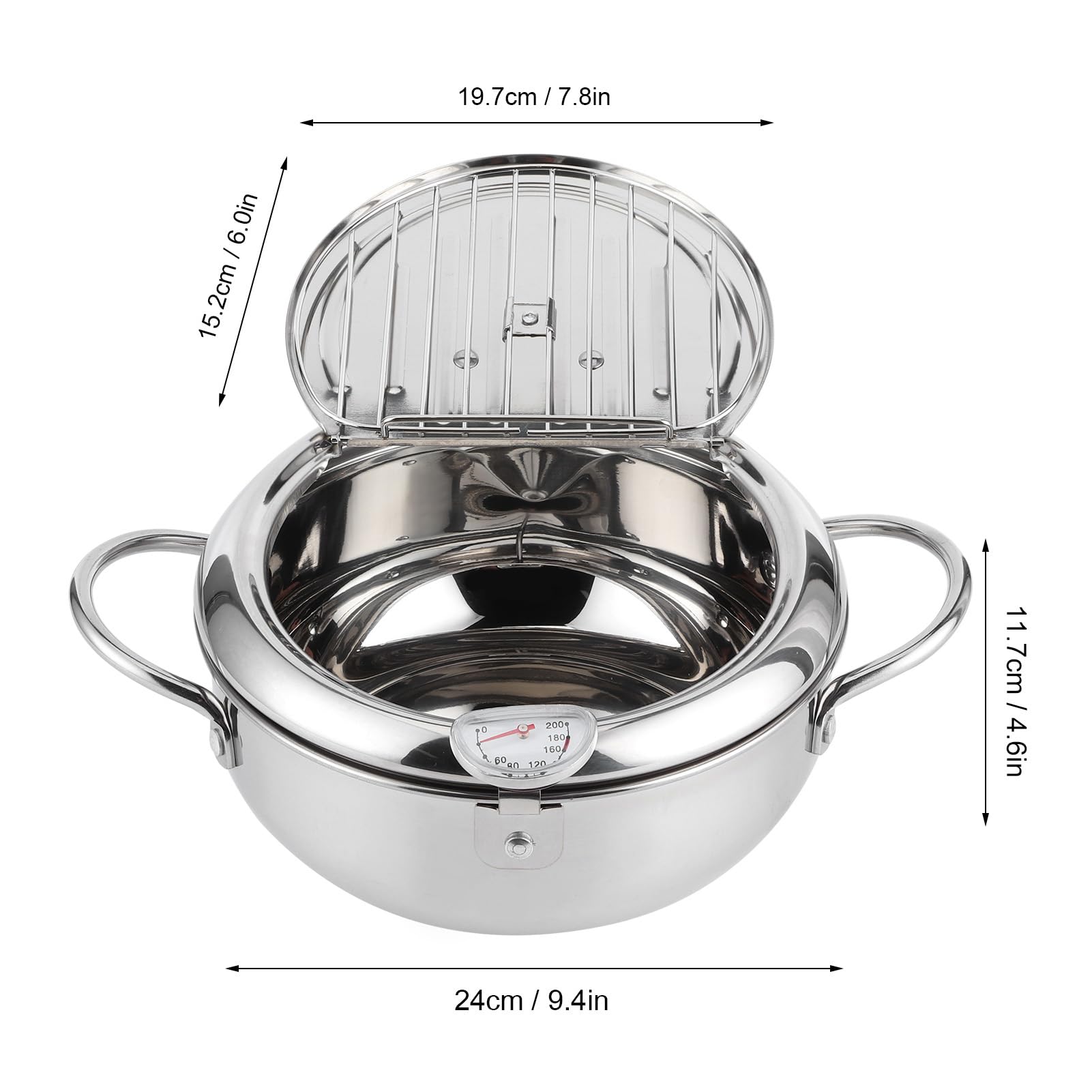 Pentola Per Frittura In Stile Giapponese In Acciaio Inox – 20 Cm, 2.2L, Con Termometro, Filtro Olio E Coperchio, Per Induzione E Gas