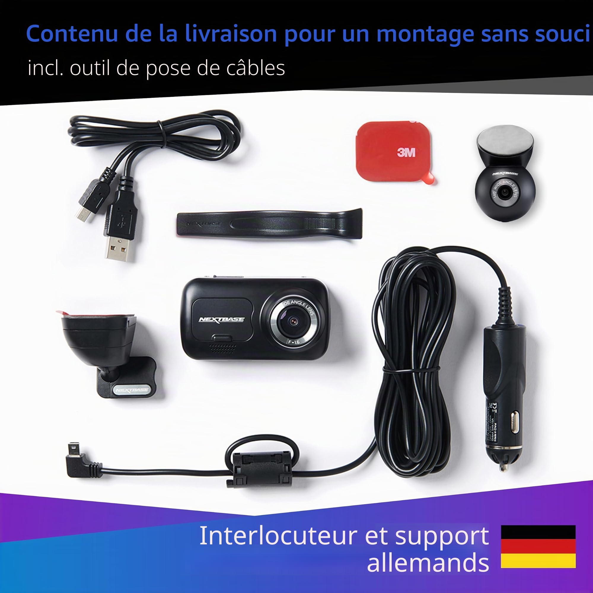 Nextbase Caméra embarquée 222XR avant et arrière avec caméra de pare-brise arrière et carte SD 32 Go | Full HD 1080p 30 fps avec mode stationnement 24/7 et support Click&Go