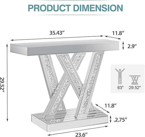 Miniatura 2 de Moderna mesa consola de entrada con incrustaciones de diamante triturado, mesa de pasillo de vidrio espejo plateado de 35.43 pulgadas para entrada,
