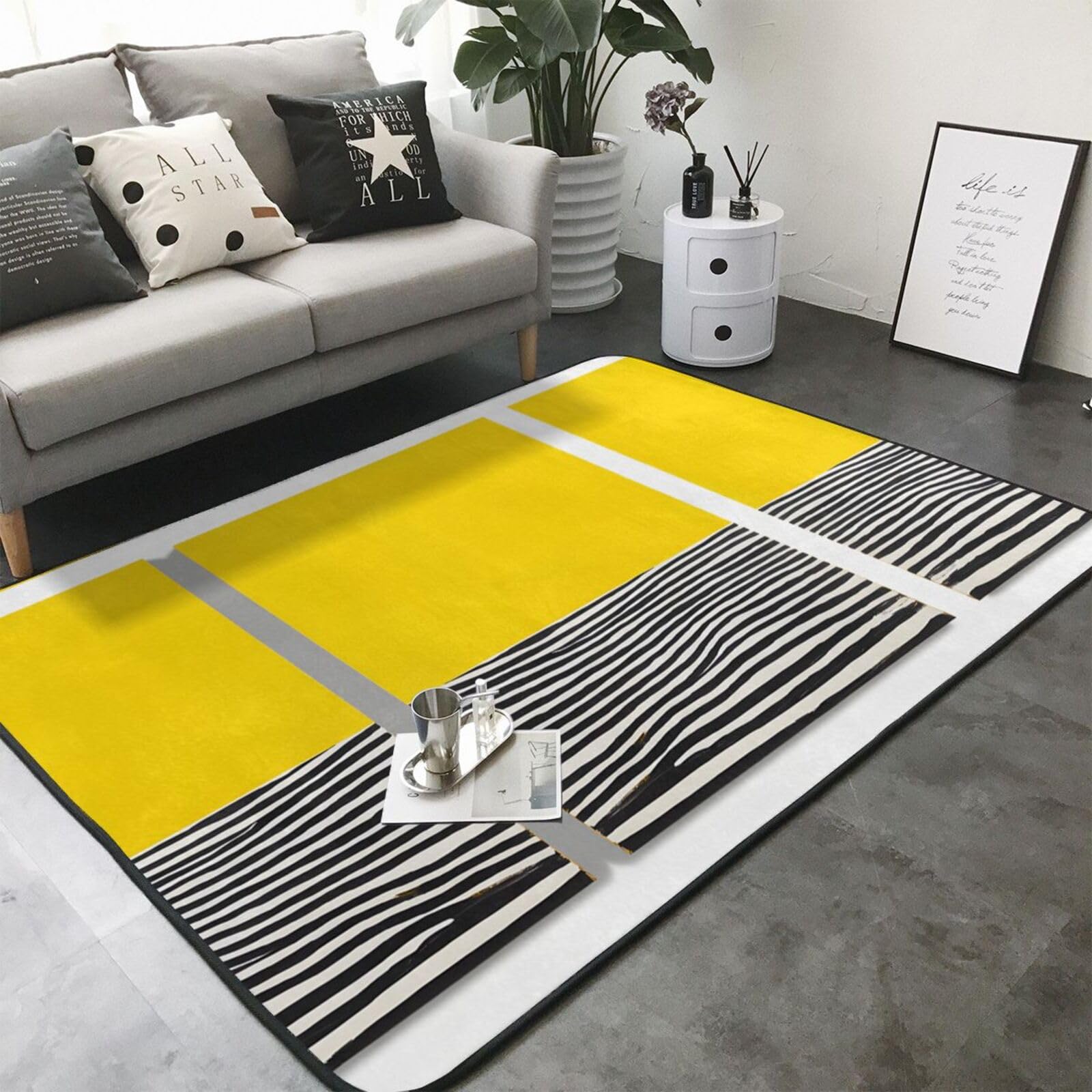 Mustard Yellow and Black Print Print Living Room Anti Slip and Absorbent Carpet, Indoor Bedroom Bed Floor Mat, Ultra Soft Washable Carpet 80x58 in