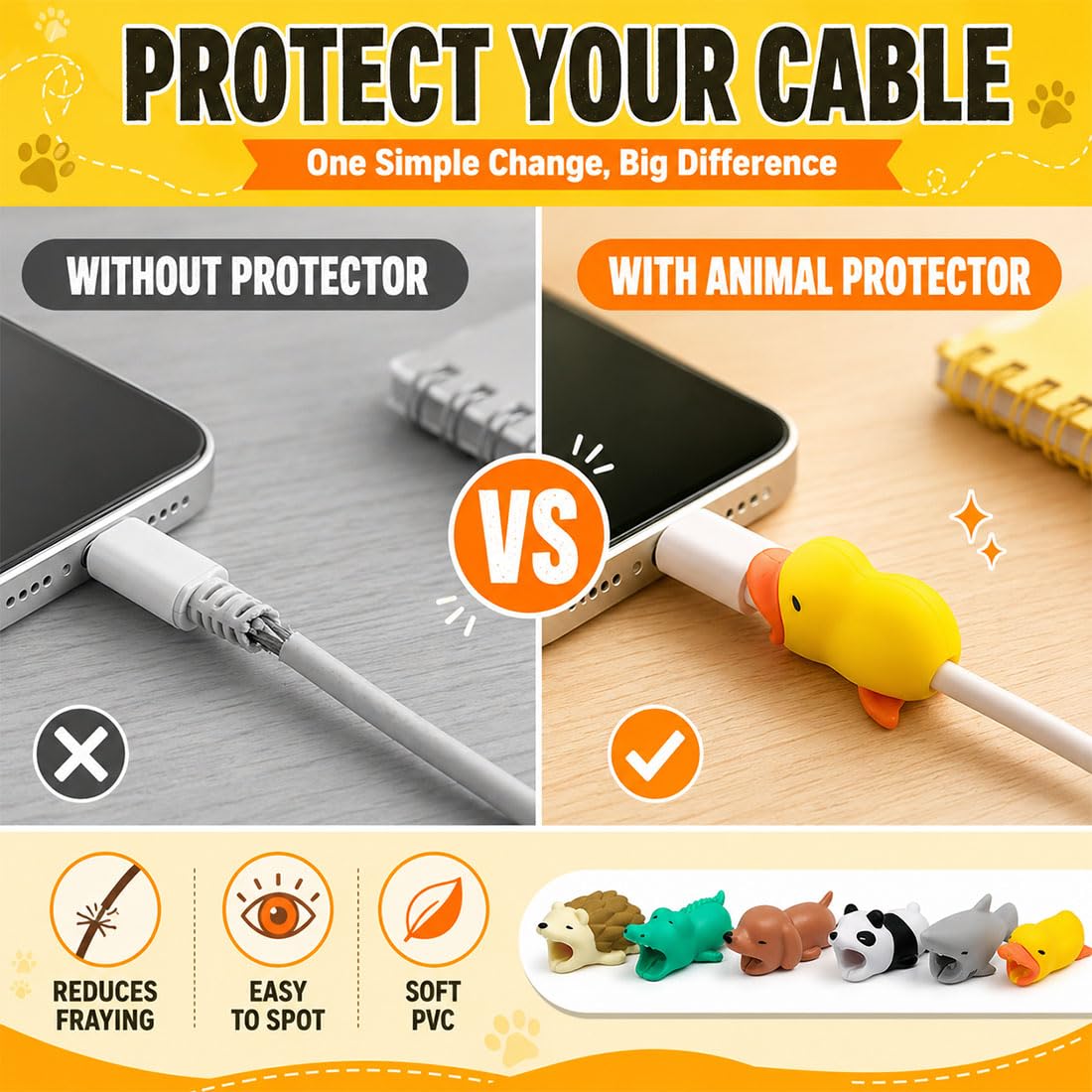 6 Pezzi Proteggi Cavo, Morsetti per Cavi in PVC Morbido con Design Animali Carini, Per Organizzare e Proteggere i Cavi di Alimentazione, Telefono, Computer, Ufficio e Casa