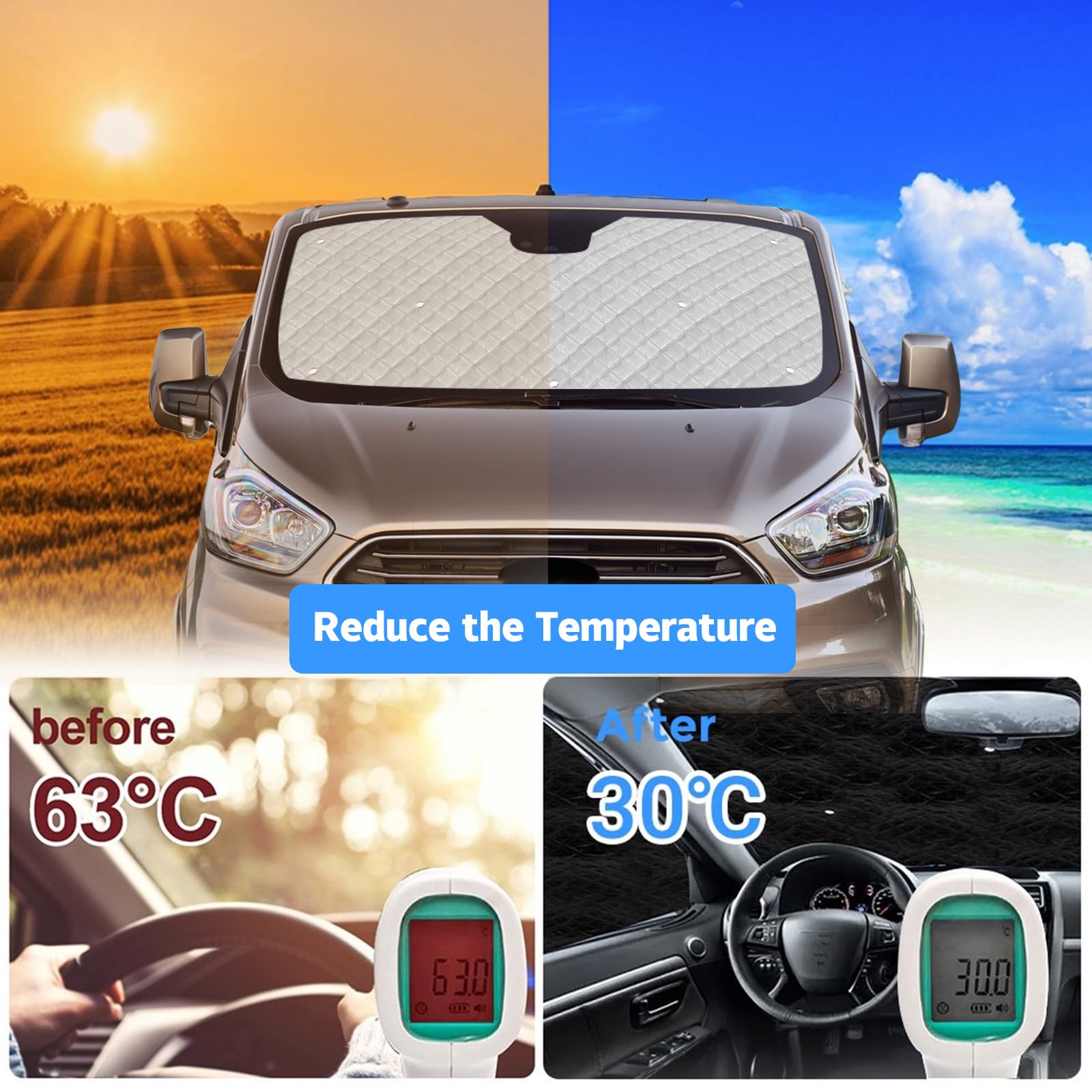 Pare-Soleil pour Pare-Brise Remplacement pour VW T4 SWB, Lot de 8 Réversibles Pare-Soleil Thermiques Internes avec Sac de Rangement, Ensemble de Vitres Avant, 100% Occlusion