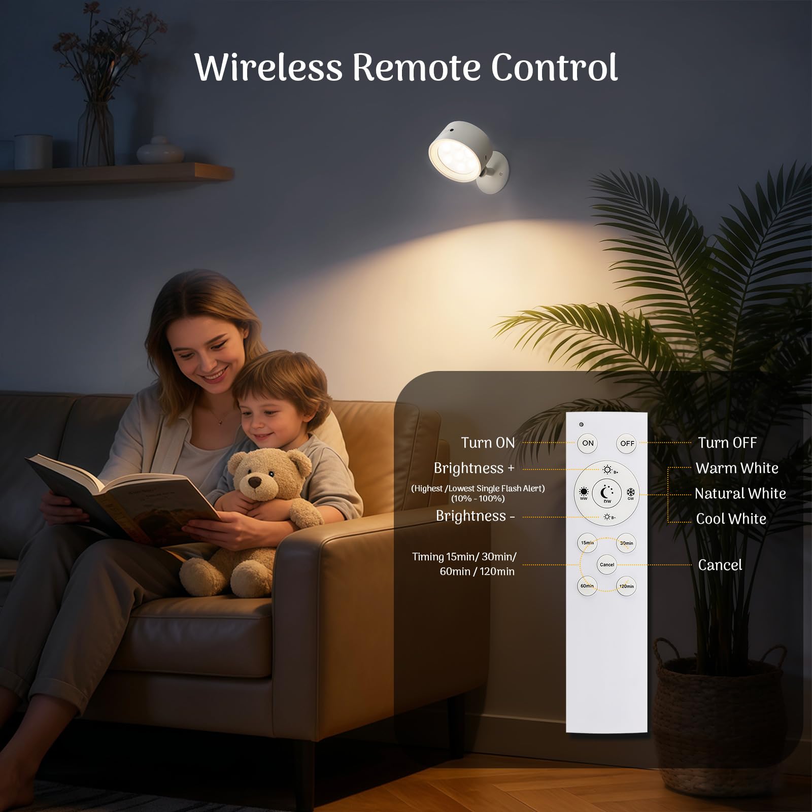 Lamparas Pared Sin Cable 2 Piezas, Aplique Pared Interior Inalámbricos Recargables con Control Remoto y Táctil, 3 Temperaturas Regulables Batería 4400mAh, Rotación Magnética 360° para Dormitorio