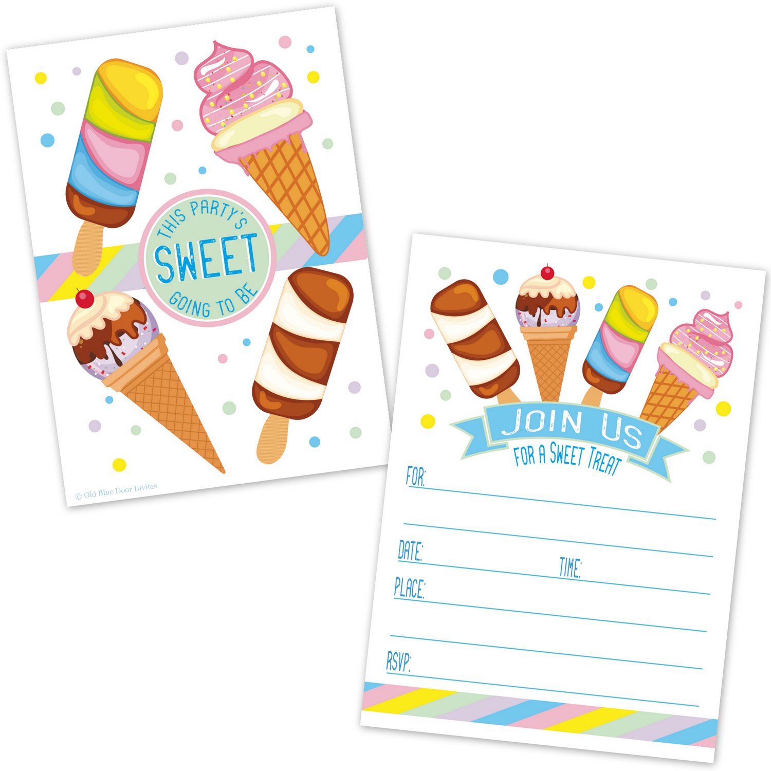 Ice Cream Cone Birthday Party Invitations - Kids Summer Ice Cream Social Invites - (20 Count with Envelopes)