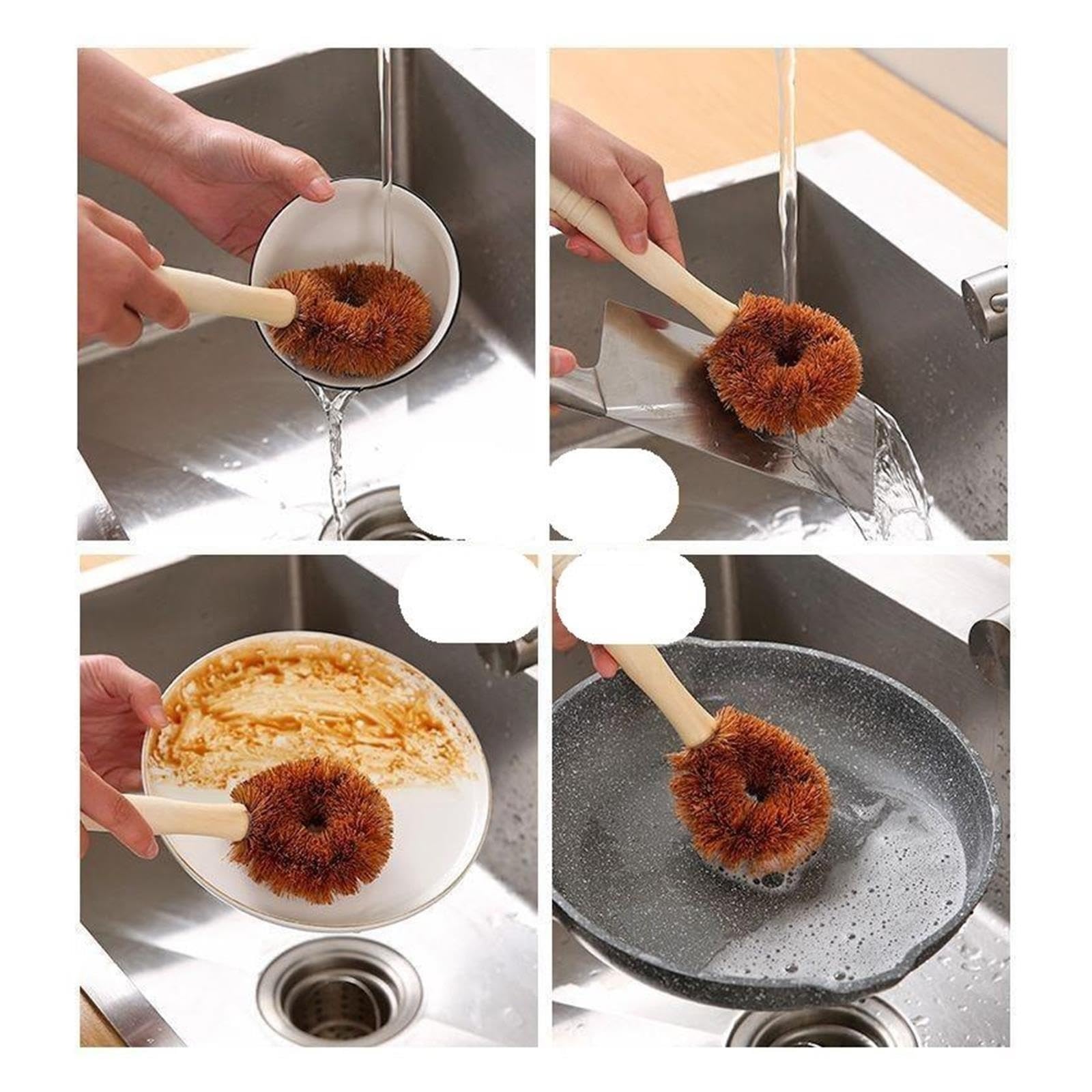 3pcs Coconut Palm Pot Brush with Wooden Handle pour Cuisine