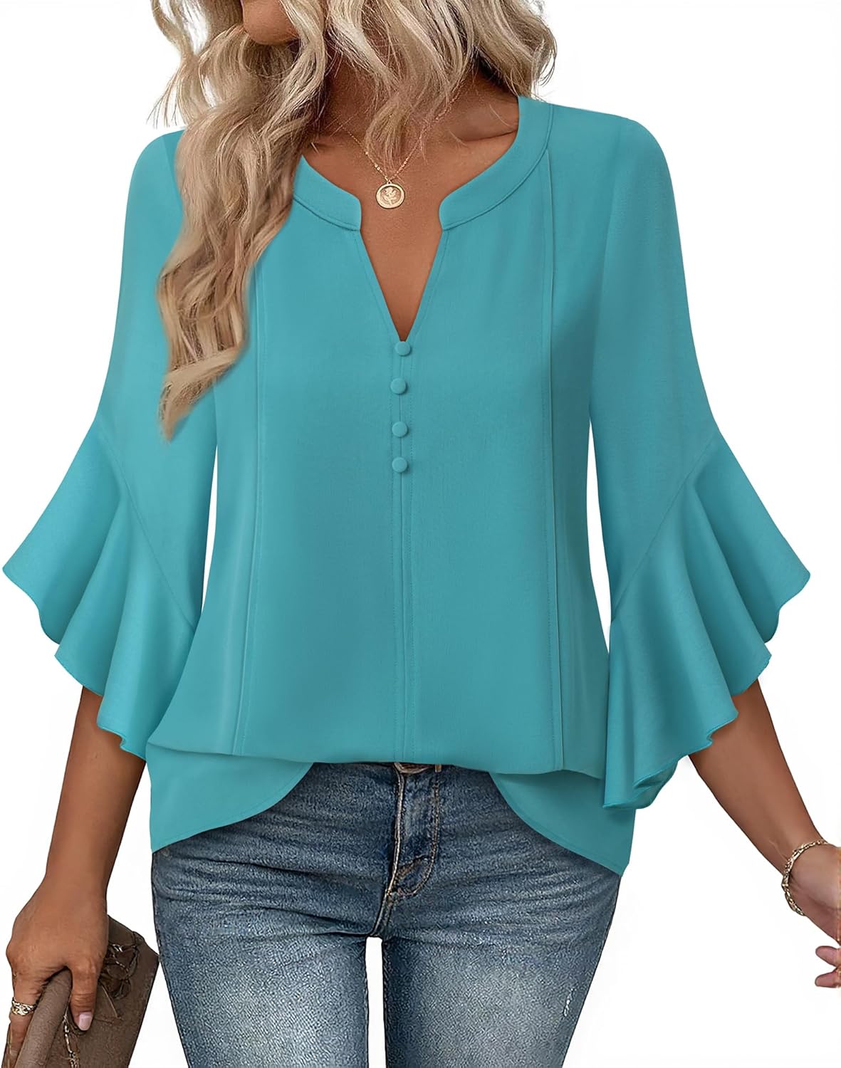 Bebonnie Womens Tops Dressy Casual Ruffle 3/4 Sleeve Henley V Neck Chiffon Blouses with Buttons