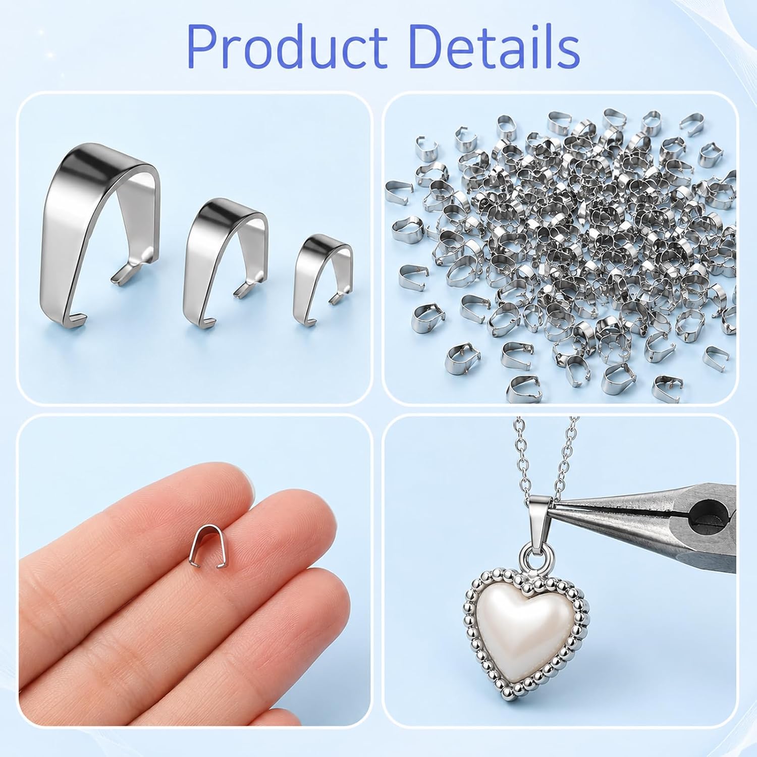 150 Pcs Pinch Bails for Jewelry Making, Metal Hook Bail Clips