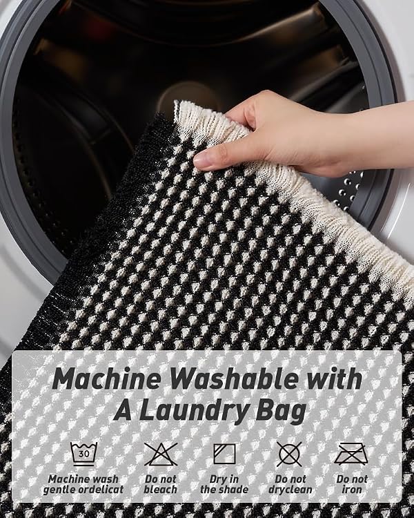 AMOAMI Upgraded Waffle Bath Mat, Super Absorbent Non Slip Bath Mats for Bathroom Floor, Machine Washable Bathroom Rugs with Tassels, Rubber Backed Bathroom Mats, Ultra Soft, 20" x 32",Black & Cream by AMOAMI - Image 5