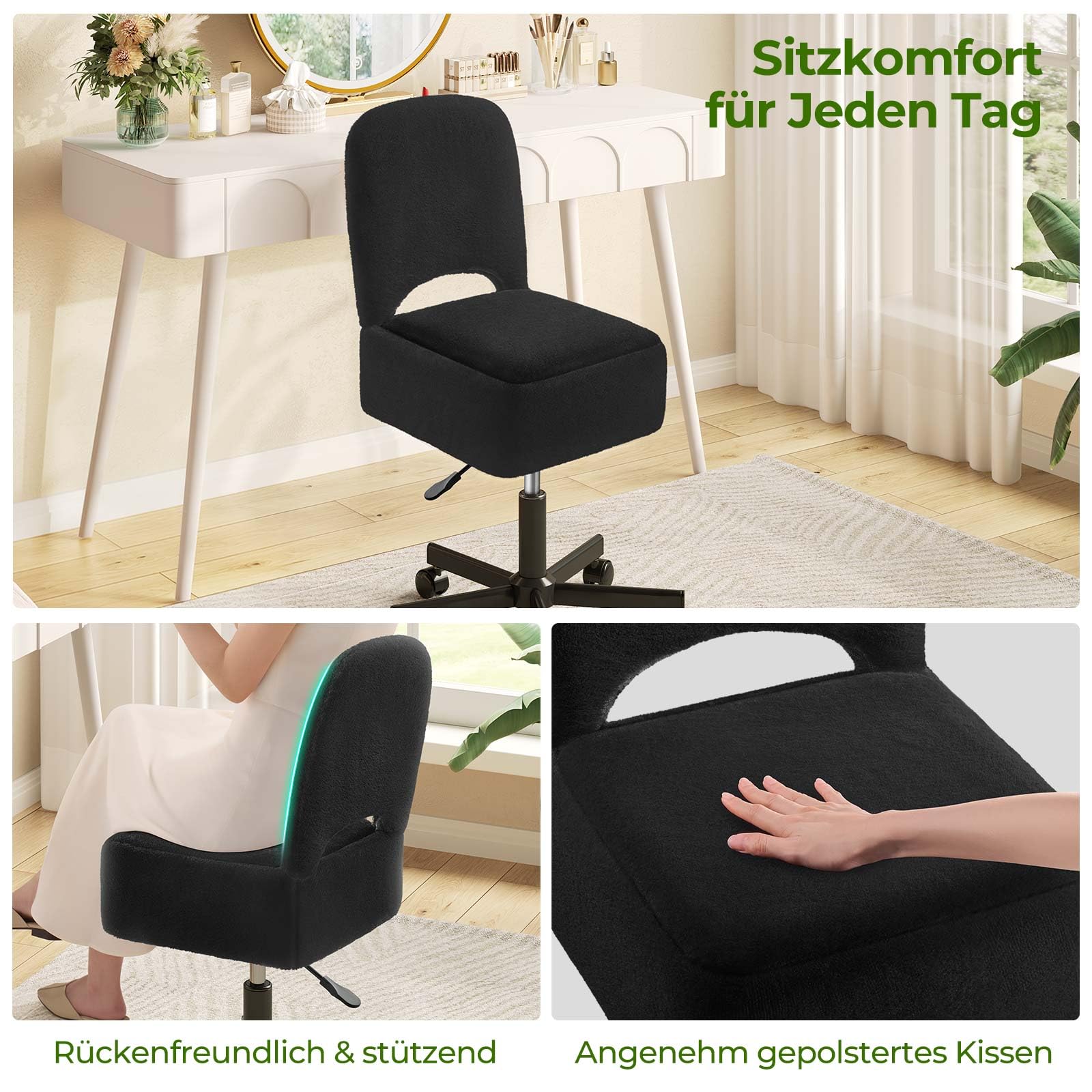 Rolanstar Schminktisch Stuhl mit Stauraum, Schminkstuhl, Höhenverstellbar, 360° Drehbar, Schreibtischstuhl mit Bequemer Klappbarer Rückenlehne, für Schminktisch, Schlafzimmer, Büro (Schwarz, Größe L)