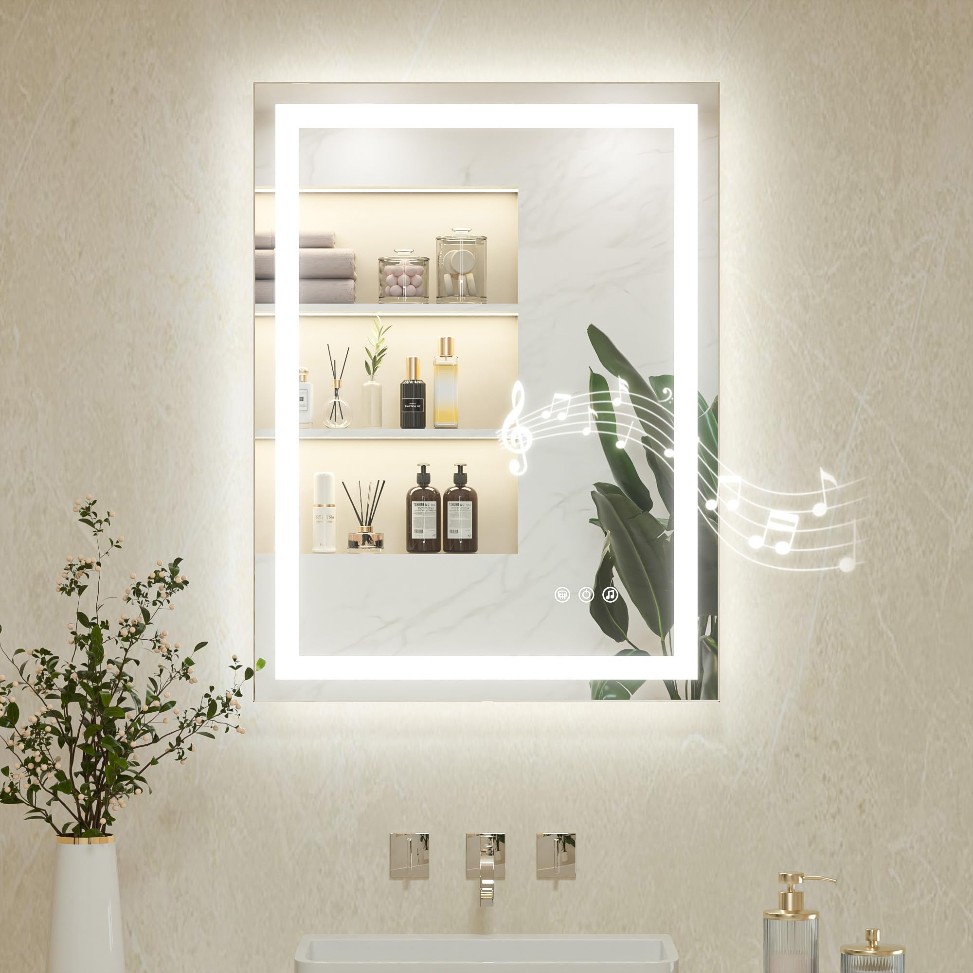 Keonjinn 60x80cm Bluetooth Bathroom Mirror with LED Lights, Antifog Vanity Mirror with Lights Back and Front Lit 3 Colour Dimmable Illuminated Wall Mounted Rectangle Digital Mirrors