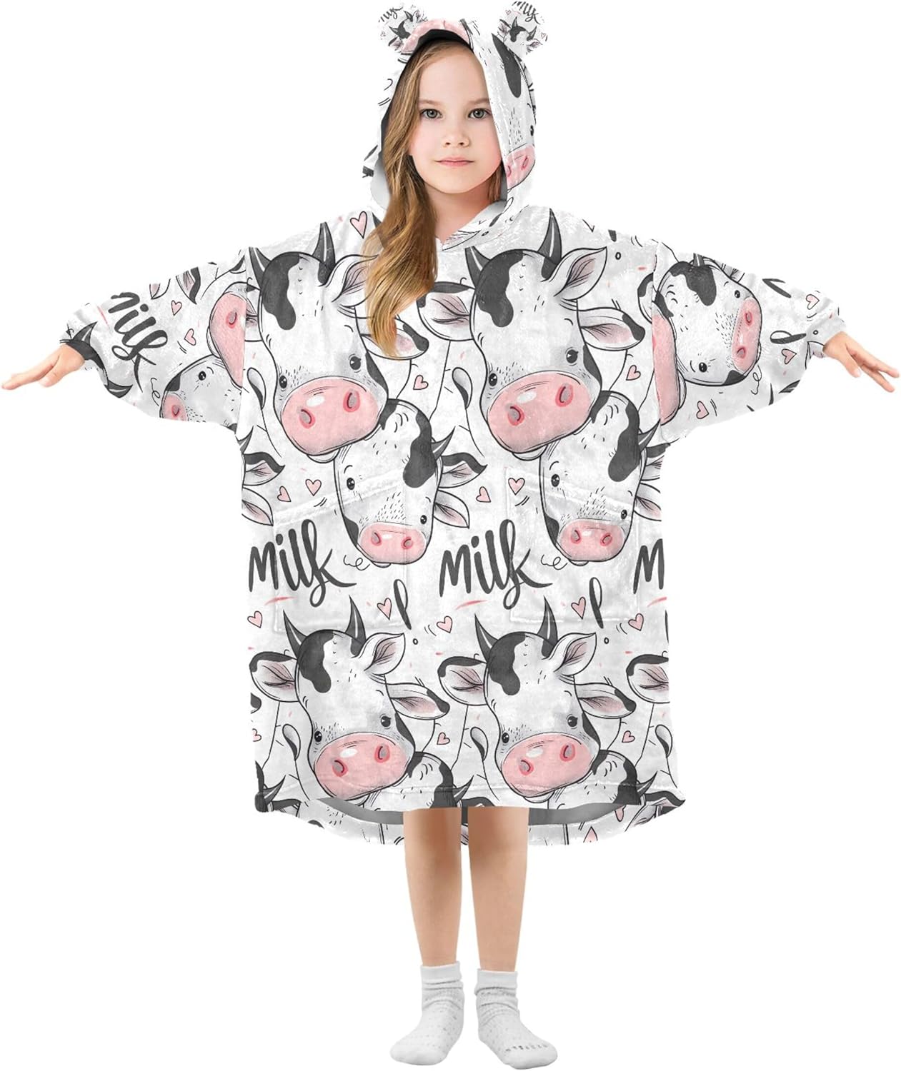 Cow Cute Animal Kids Wearable Blanket Hoodie with Pocket and Sleeves for Toddlers, Cute Hoodies Girls Boys B0403741