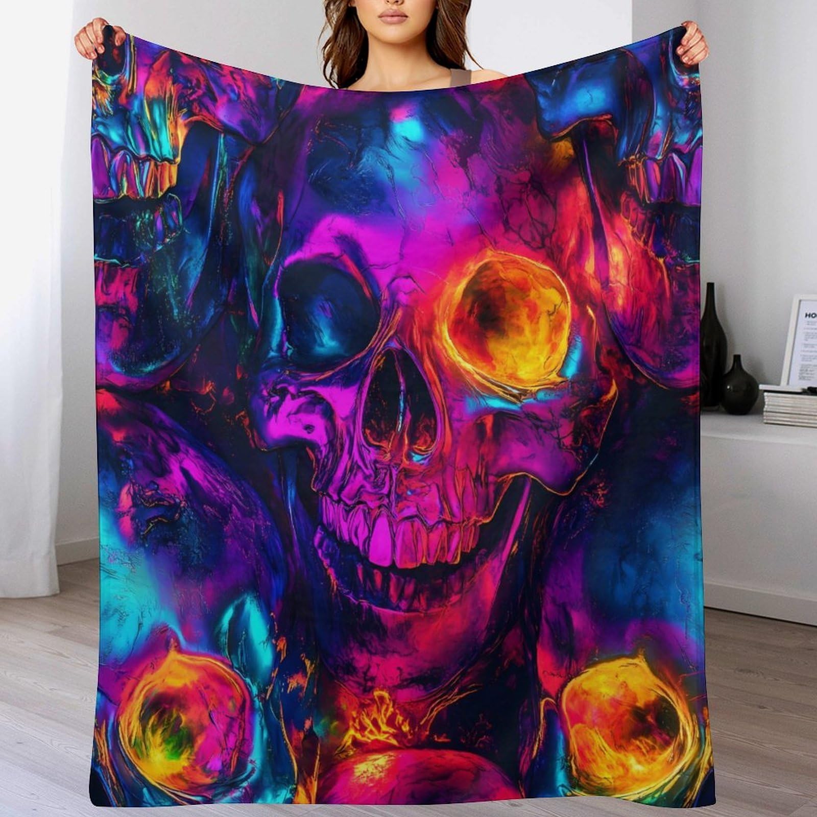 Coperta leggera con teschi colorati al neon per letto, divano, morbida flanella coperta grande calda in peluche 127 x 178 cm