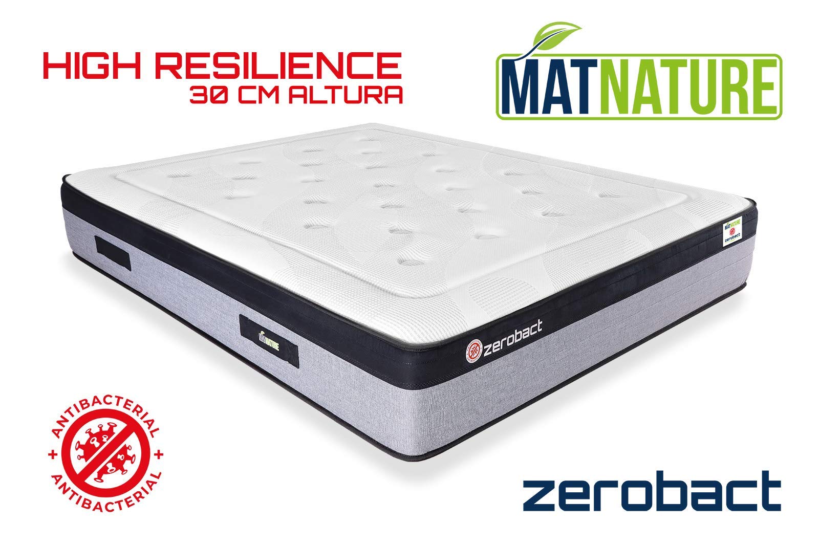 Matnature | Zerobact | Colchón High Resilience Superior | Colchón Antibacterial | Gran Confort y Firmeza Medio | Altura 30 cm | Transpirable