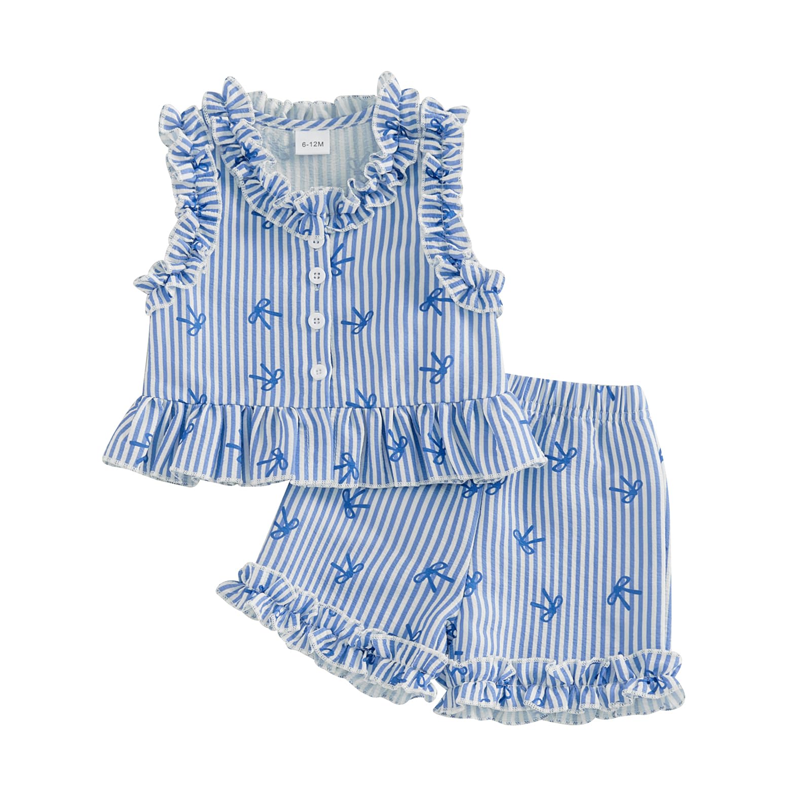 Ensemble Tenue d'été Bébé Fille Débardeur Rayé à Volant Chemise sans Manches à Bouton + Short à Rayures