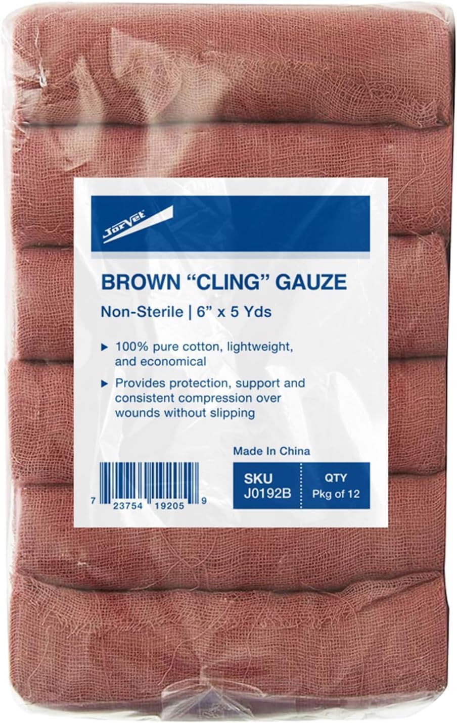 JorVet Brown Cling Gauze | 100% Cotton, Soft & Breathable for Wound Care, Pet Dressings & Medical Use | Comfortable, and Ideal for Healing & Recovery | Brown | 12 Rolls & 6” x 5 Yards