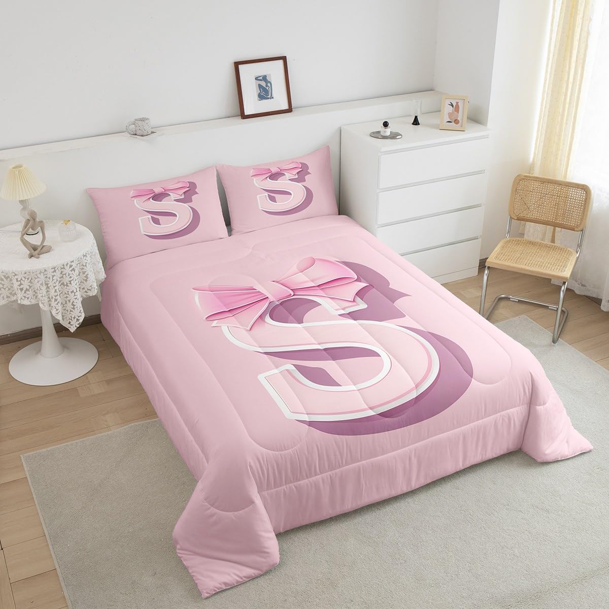 jejeloiu Kawaii Pink Bow Bedding Set, Full Size,Personalized Initial S Comforter and Kawaii Pink Bow Blackout Curtain,(2 Panels,42 x 63 Inch) image 3