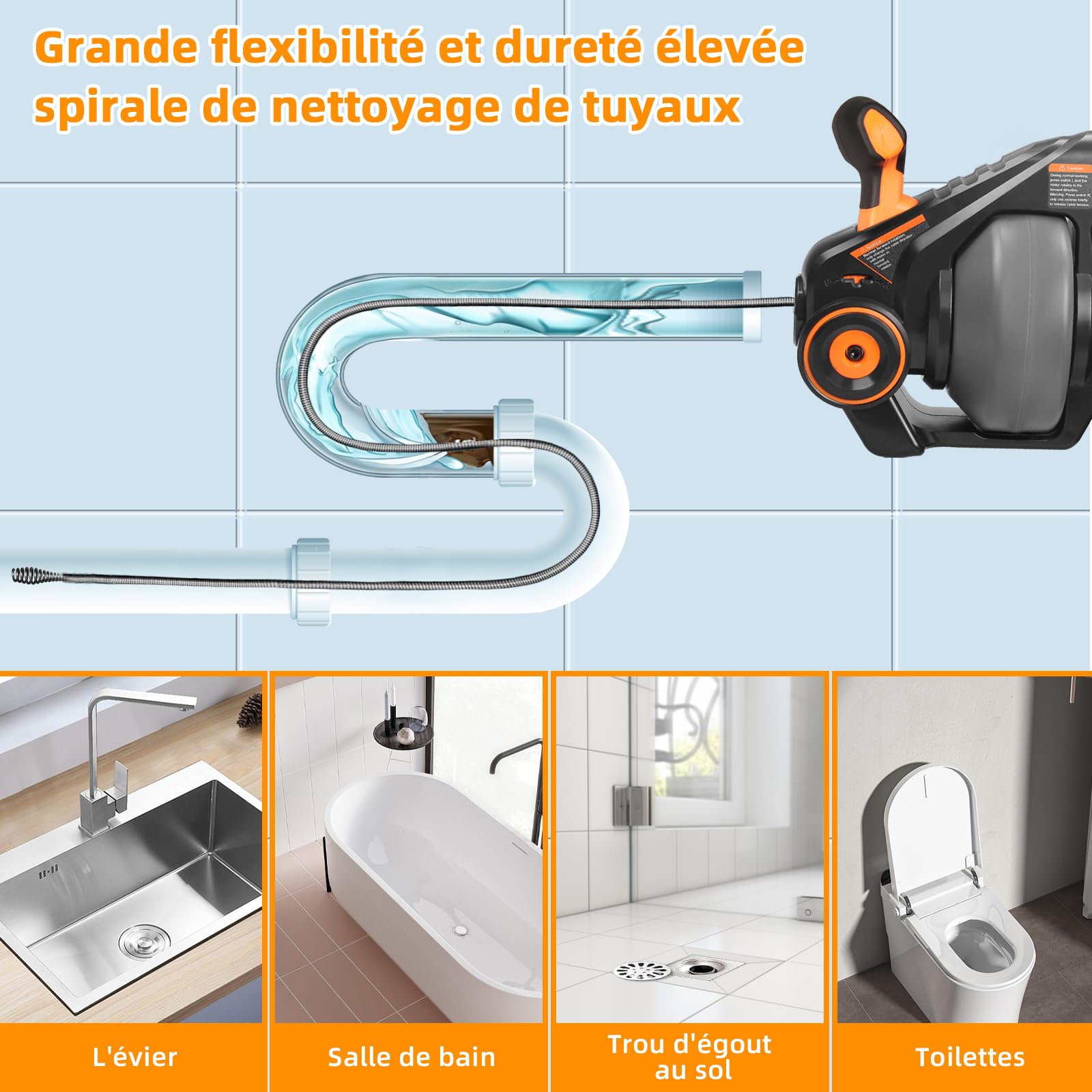 18V Furet Déboucheur Canalisation Avec 7,6m Acier à ressort Arbre Télescopique pour 19-51mm Tuyaux, Tarière de Vidange sans Fil pour Toilettes, Cuisine, Salle de Bains (Batterie Incluse)