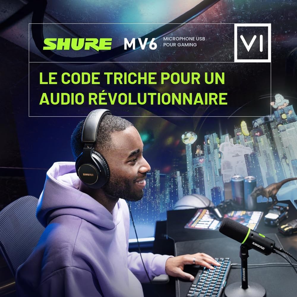 Shure MV6 Micro USB Gaming, USB-C, Microphone Dynamique, Mode Auto Level, Digital Popper Stopper, pour PC Gamers, Streamers