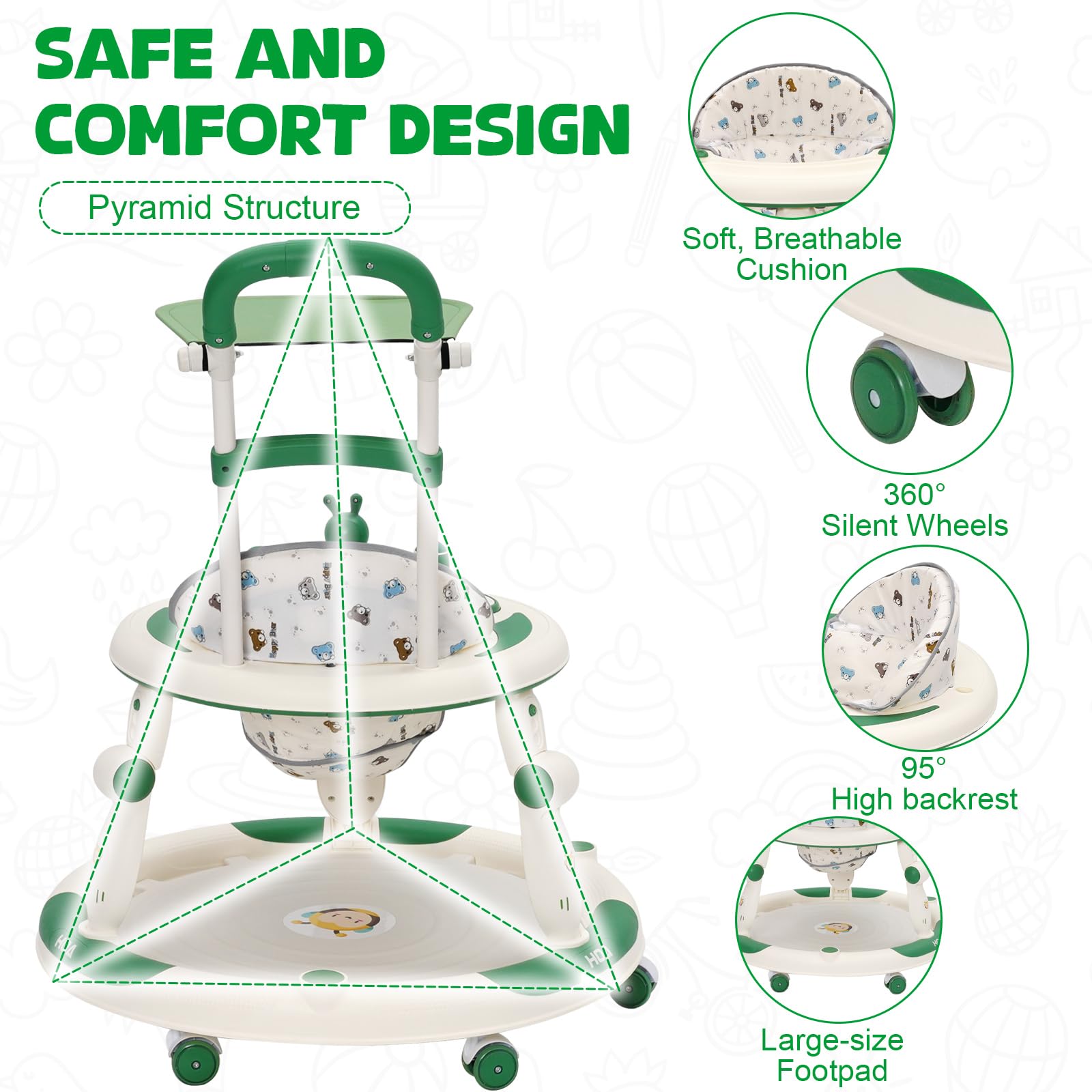 Trotteur Bébé Evolutif 3en1, Jumper Bébé en Roues Silencieuses à 360°, Centre de Jeux, Table à Manger et Accoudoirs, Réglable en Hauteur, Trotteur Bebe Fille/Garçon de 6 Mois Pliable, Vert